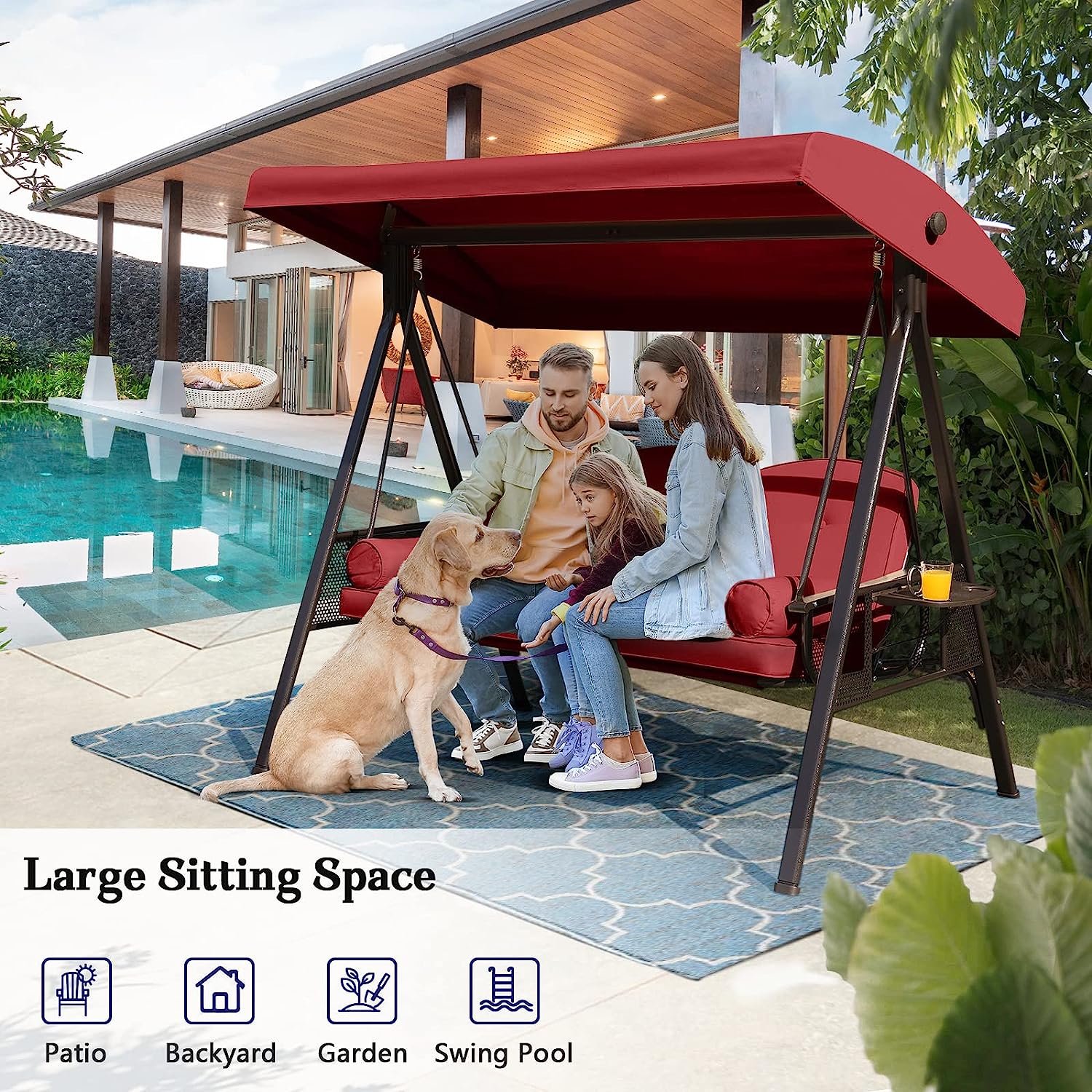 NOBLEMOOD Outdoor Porch Swing with Stand and Canopy, 3 Seat Freestanding Metal Porch Swing Bed with Cushions and Cup Trays for Backyard Outside Deck Lawn (Wine Red)