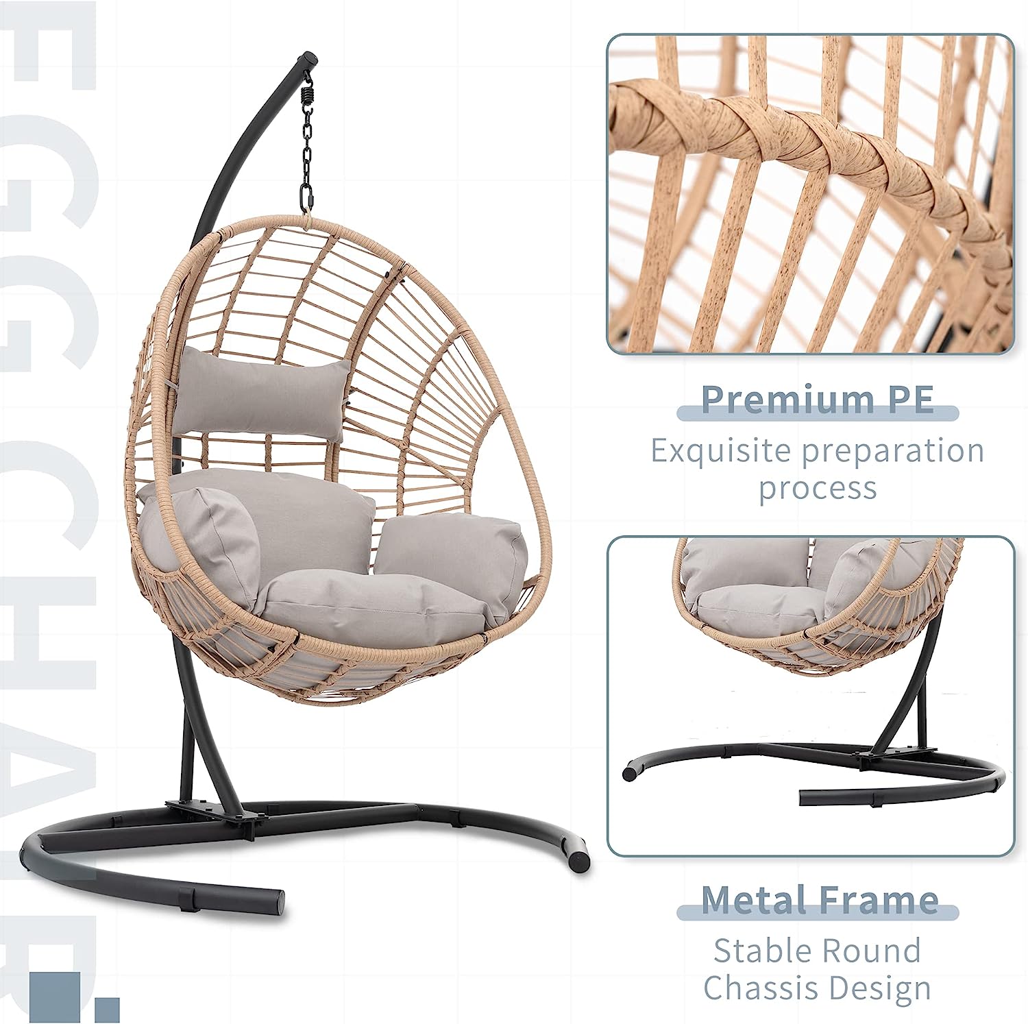 Olela Wicker Egg Swing Chair with Stand Indoor Outdoor,Hanging Egg Chair with Cushion and Pillow,Basket Chair for Bedroom,Living Room or Patio Garden (Natural-Round Base)