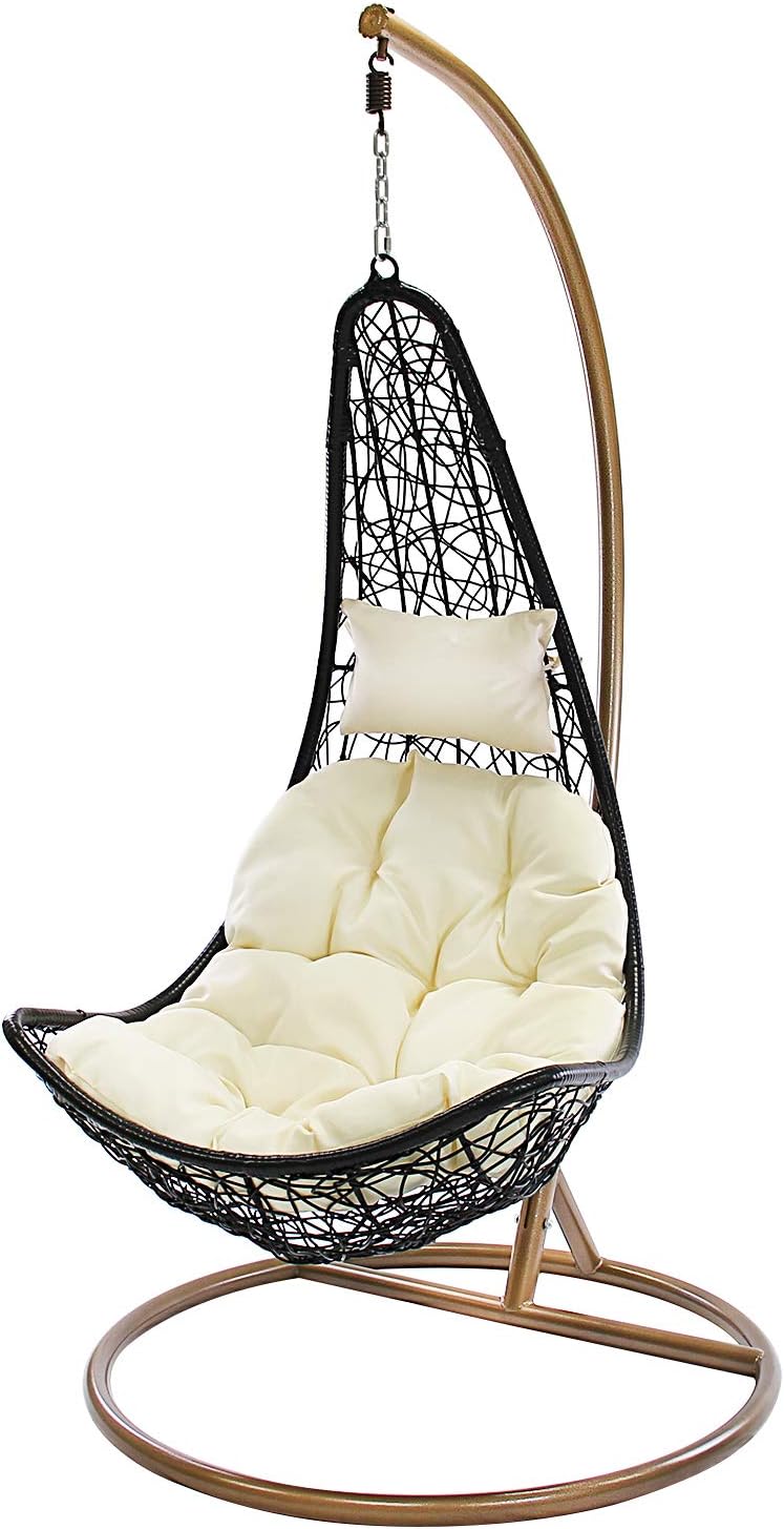 J.M.Deco Porch Swing Chair with Stand, Cushion & Pillow, Goldden Egg Rattan Wicker Swing Hanging Chair, Hammock Chair for Indoor, Outdoor, Garden, Backyard & Patio