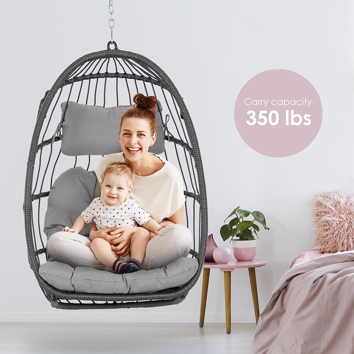 Hanging Egg Chair Without Stand - Foldable Indoor Outdoor Wicker Rattan Swing Egg Chair with Hanging Chain Hammock Chair - UV Resistant Cushions & Aluminum Frame for Bedroom Patio Camping (Grey)