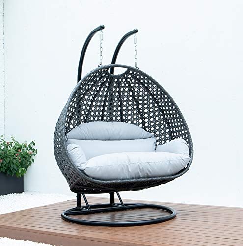 LeisureMod 2 Person Hanging Double Swing Chair, X-Large Wicker Rattan Egg Chair with Stand and Cushion for Indoor Outdoor Patio Garden (Light Green)