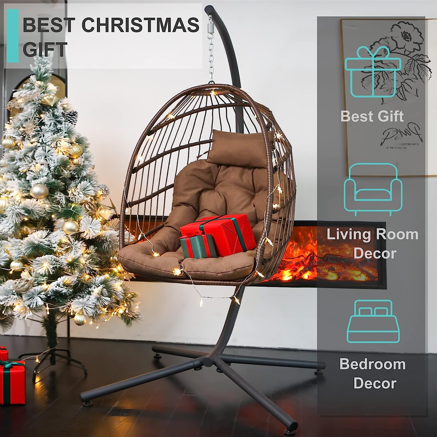 SWITTE Hanging Egg Chair with Stand, Egg Swing Hammock Chair with Stand, Indoor Outdoor Wicker Egg Chair with Cushion Headrest for Patio Bedroom Porch Garden, 350LBS Capacity(Dark Grey)