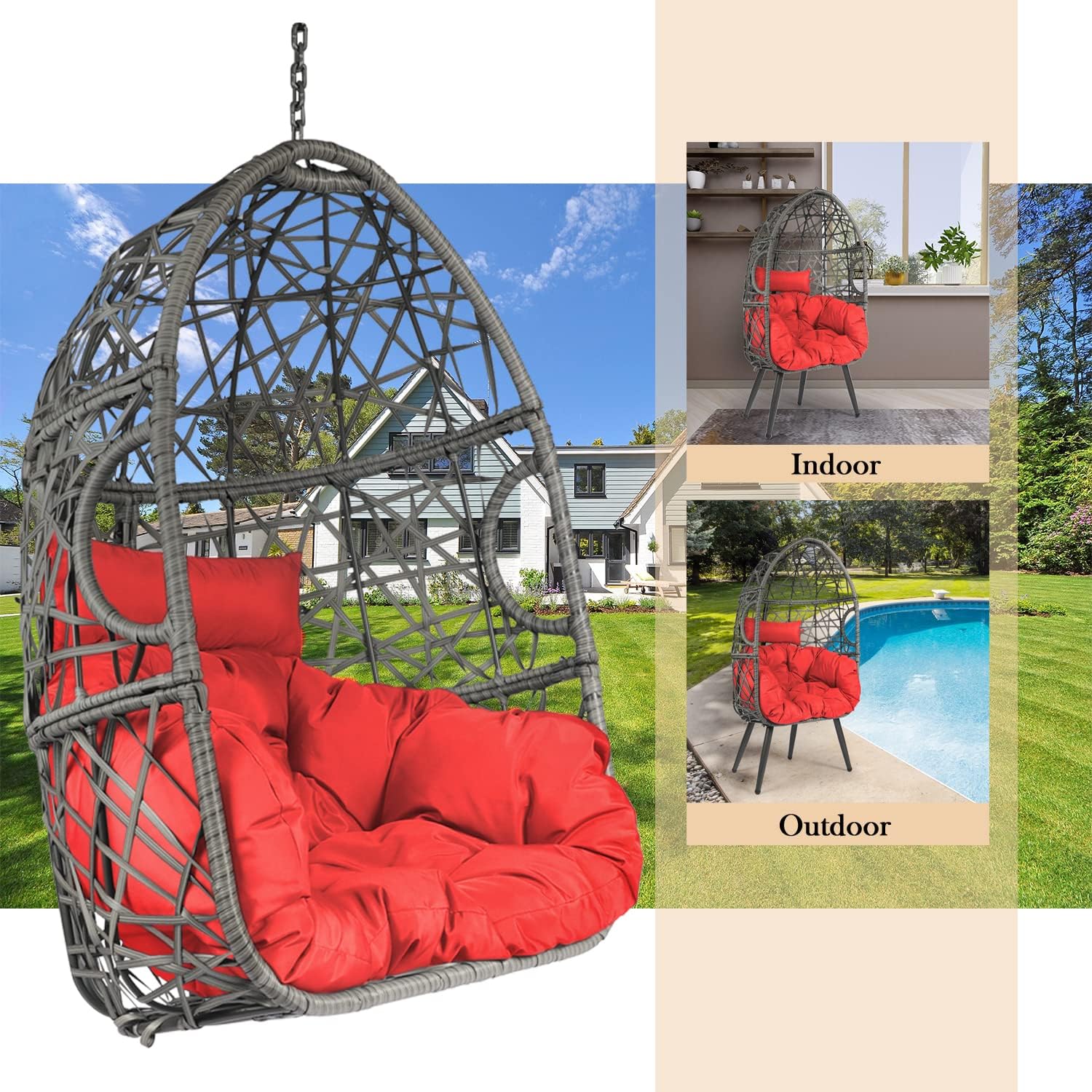LAZZO Swing Egg Chair, Rattan Hanging Chair, Indoor & Outdoor Hammock Chair with Seat Cushion & Pillow for Patio Porch Lounge Bedroom