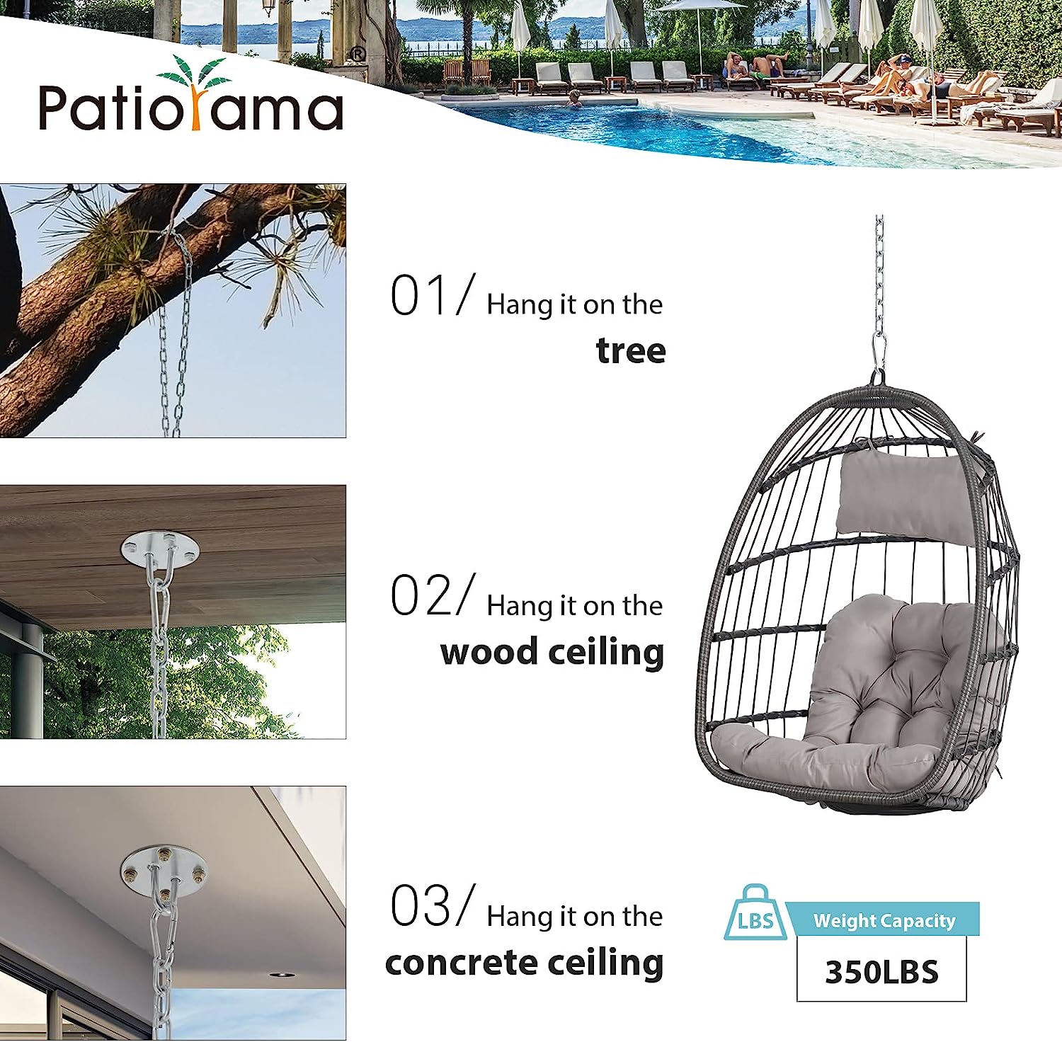 Patiorama Indoor Outdoor Egg Swing Chair with Stand, Patio Grey Wicker Rattan Hanging Chair with Rope Back, Cushion,Cover,All Weather Foldable Hammock Chair for Bedroom, Garden (Light Grey)