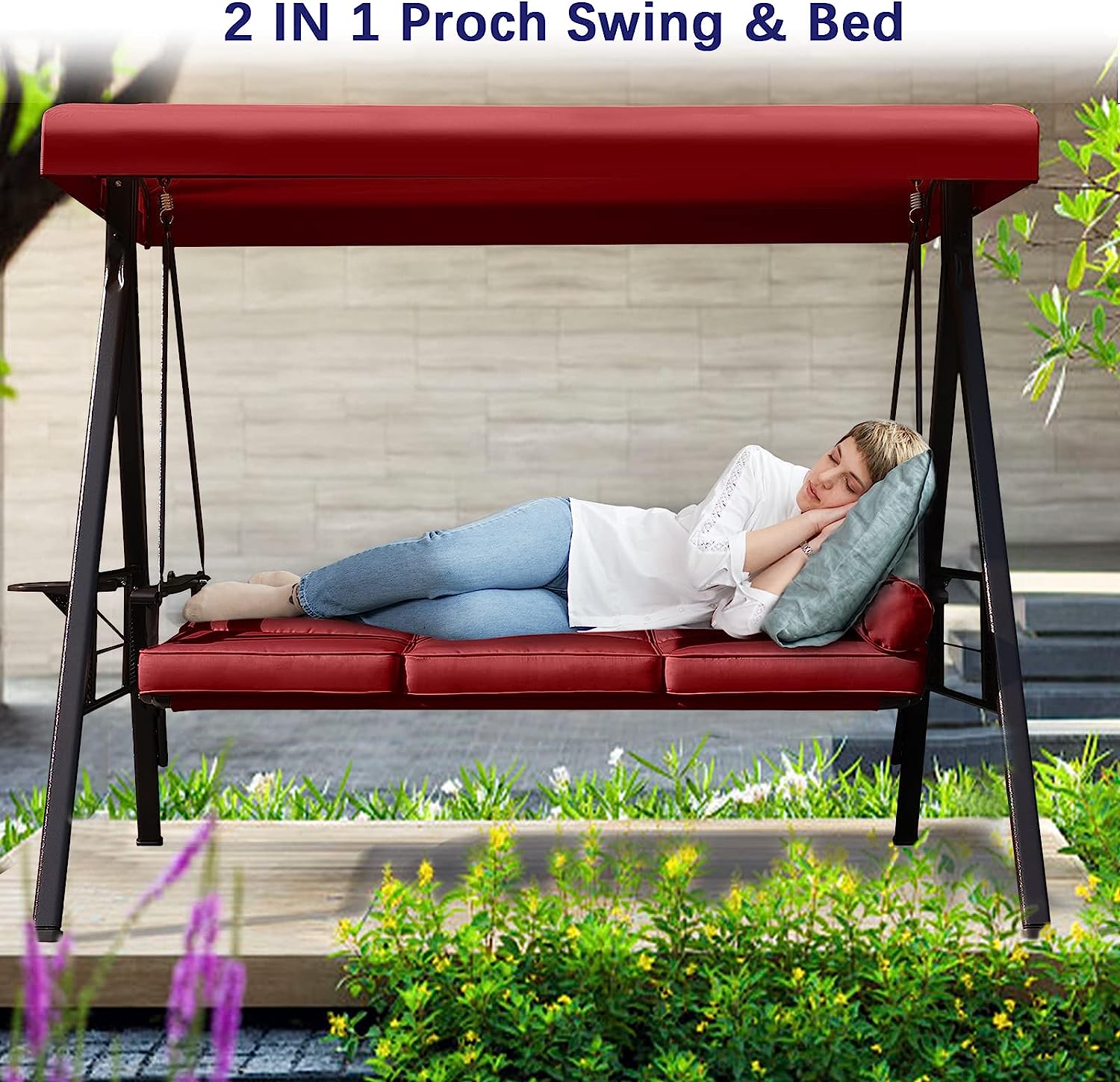 NOBLEMOOD Outdoor Porch Swing with Stand and Canopy, 3 Seat Freestanding Metal Porch Swing Bed with Cushions and Cup Trays for Backyard Outside Deck Lawn (Wine Red)