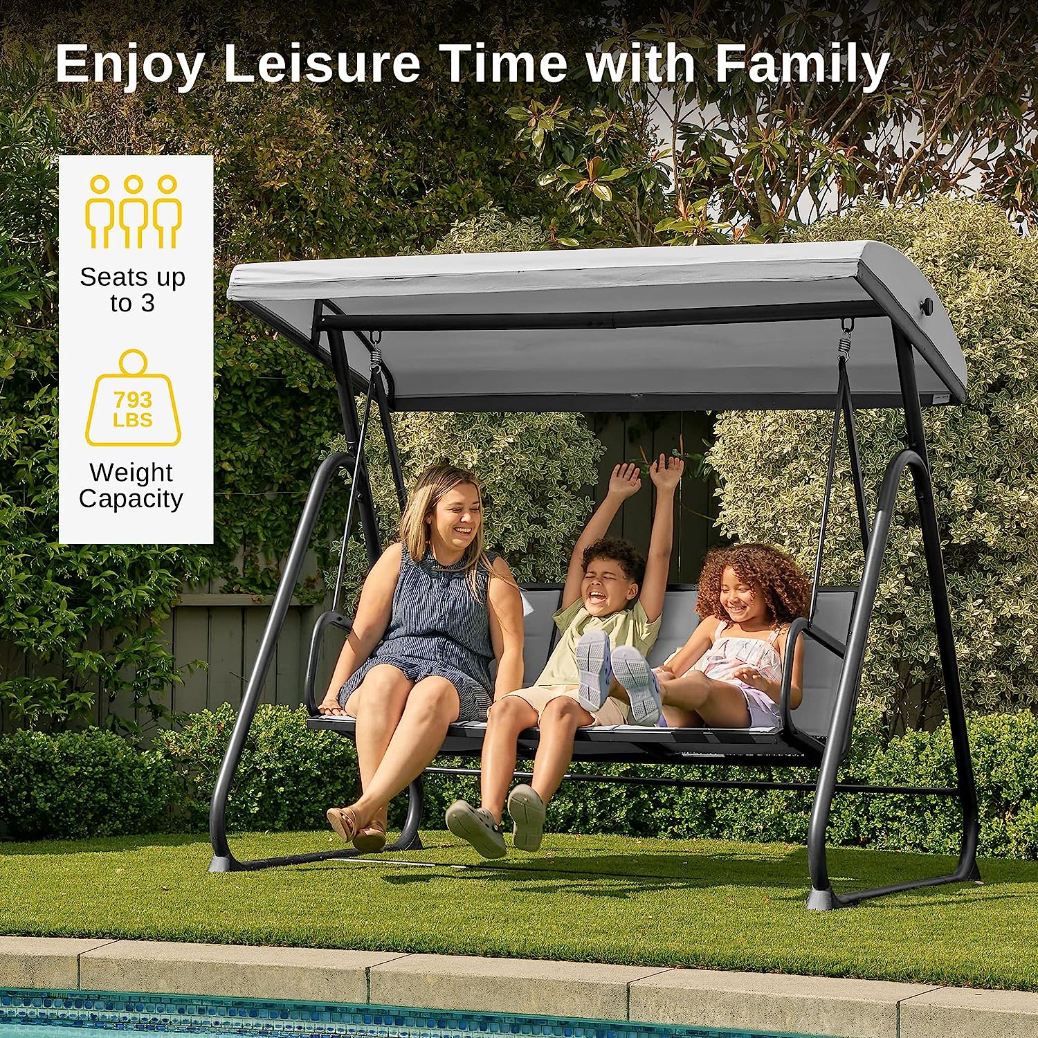 EAST OAK 3-Person Outdoor Patio Swing Chair with Adjustable Canopy, Porch Swing with Comfortable and Breathable Seats, Outdoor Swing Chairs for Garden, Balcony, Backyard, Charcoal Black