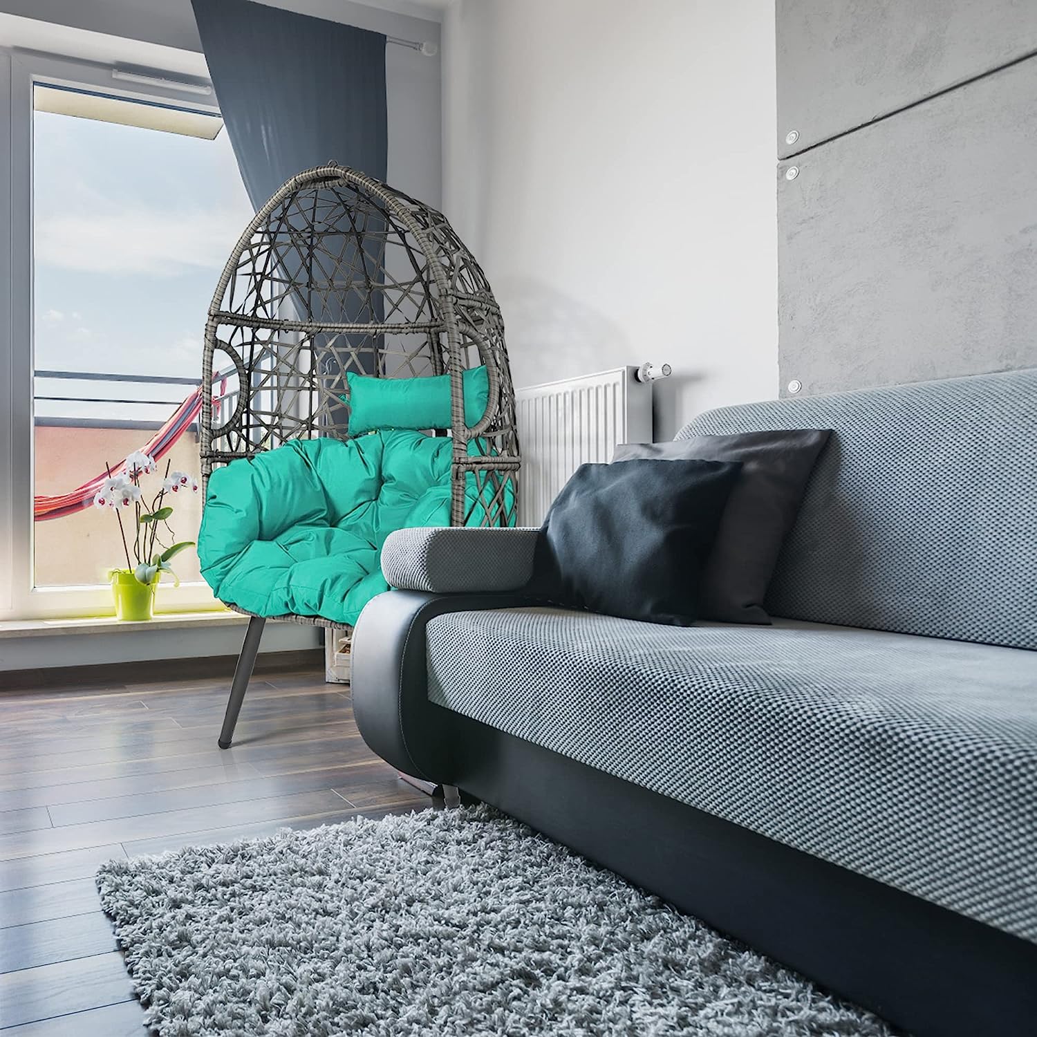 HOPUBUY Hammock Chair Egg Chair with Stand, Hanging Chair with Cushion and Pillow, Rattan Egg Swing Chair for Outdoor Indoor Bedroom, Porch, Balcony, Tree (C-Stand not Included)