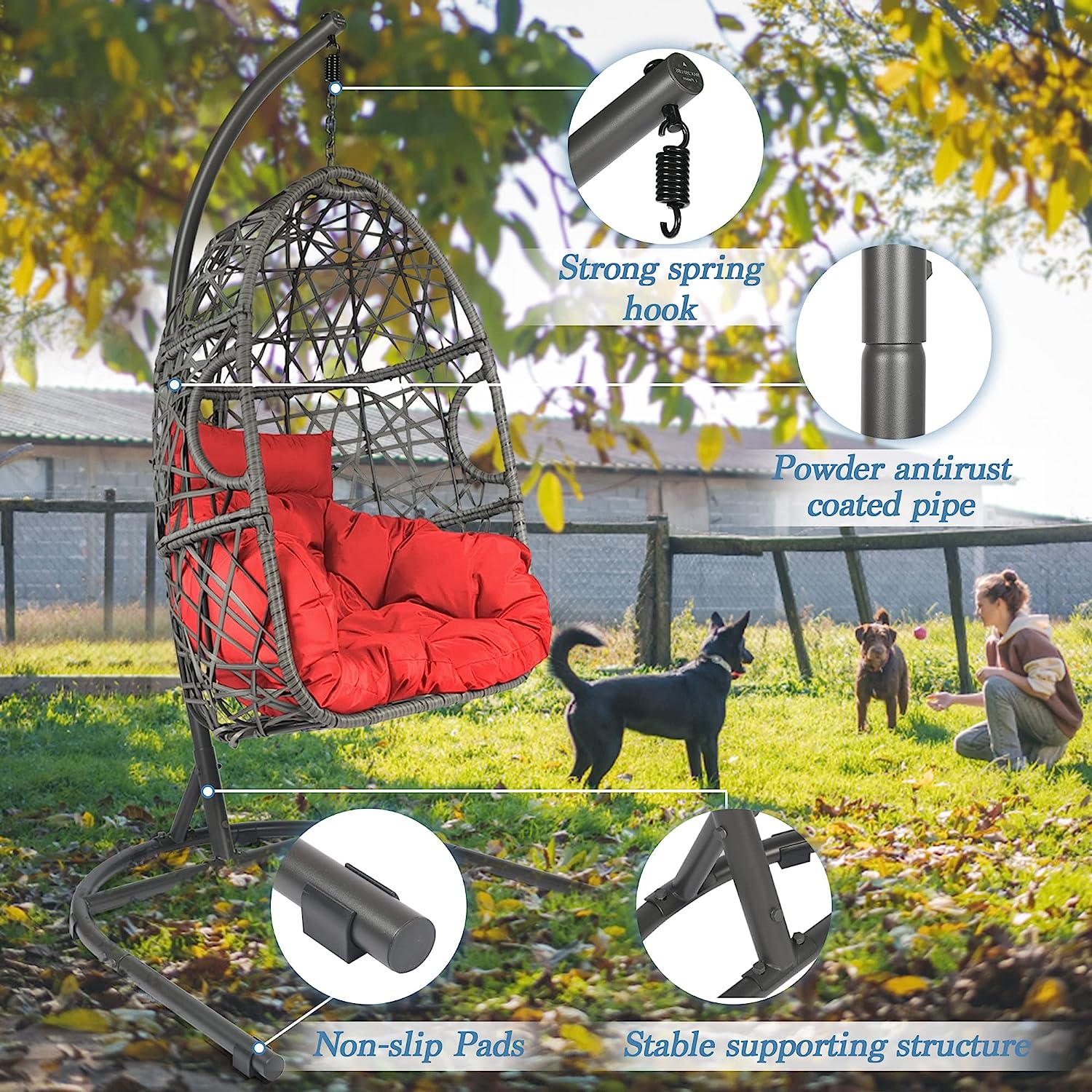 HOPUBUY Hammock Chair Egg Chair with Stand, Hanging Chair with Cushion and Pillow, Rattan Egg Swing Chair for Outdoor Indoor Bedroom, Porch, Balcony, Tree (C-Stand not Included)