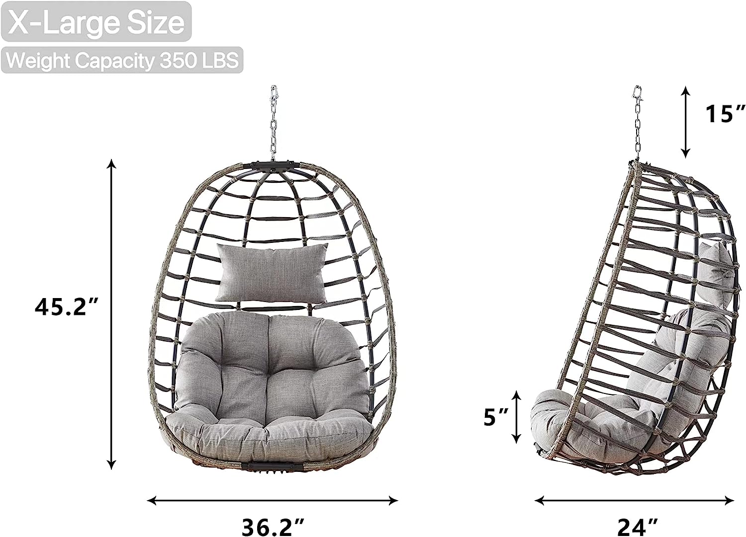 Rilyson Hanging Egg Chair Without Stand - Outdoor Egg Swing Chair with Resistant Cushion Wicker Rattan Swinging Egg Chair for Patio Garden Balcony(Grey/Blue)