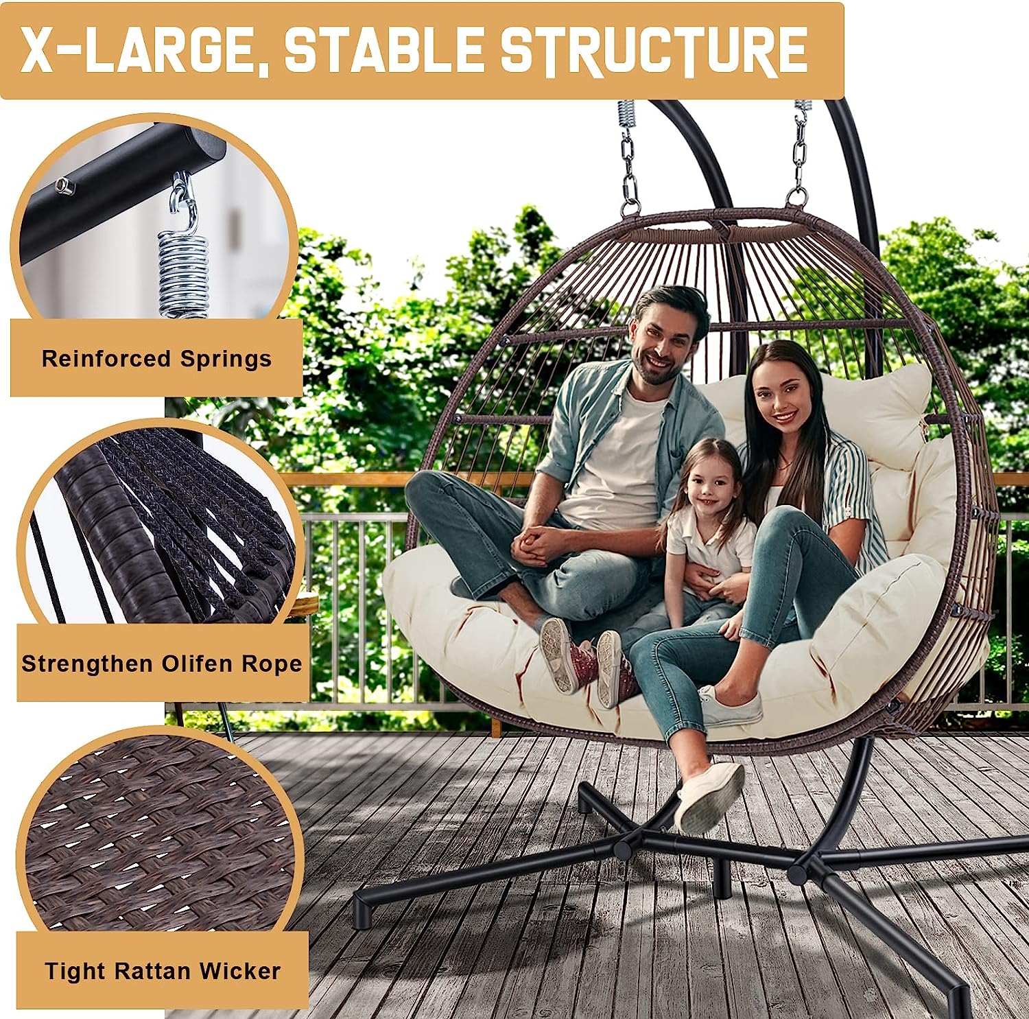 Double Egg Chair with Stand, Foldable 2-Person Hanging Swing Chair with Cover and UV Cushion, X-Large Rattan Wicker Hammock Chair for Indoor Outdoor Garden Patio (Black Frame + Gray Cushion)