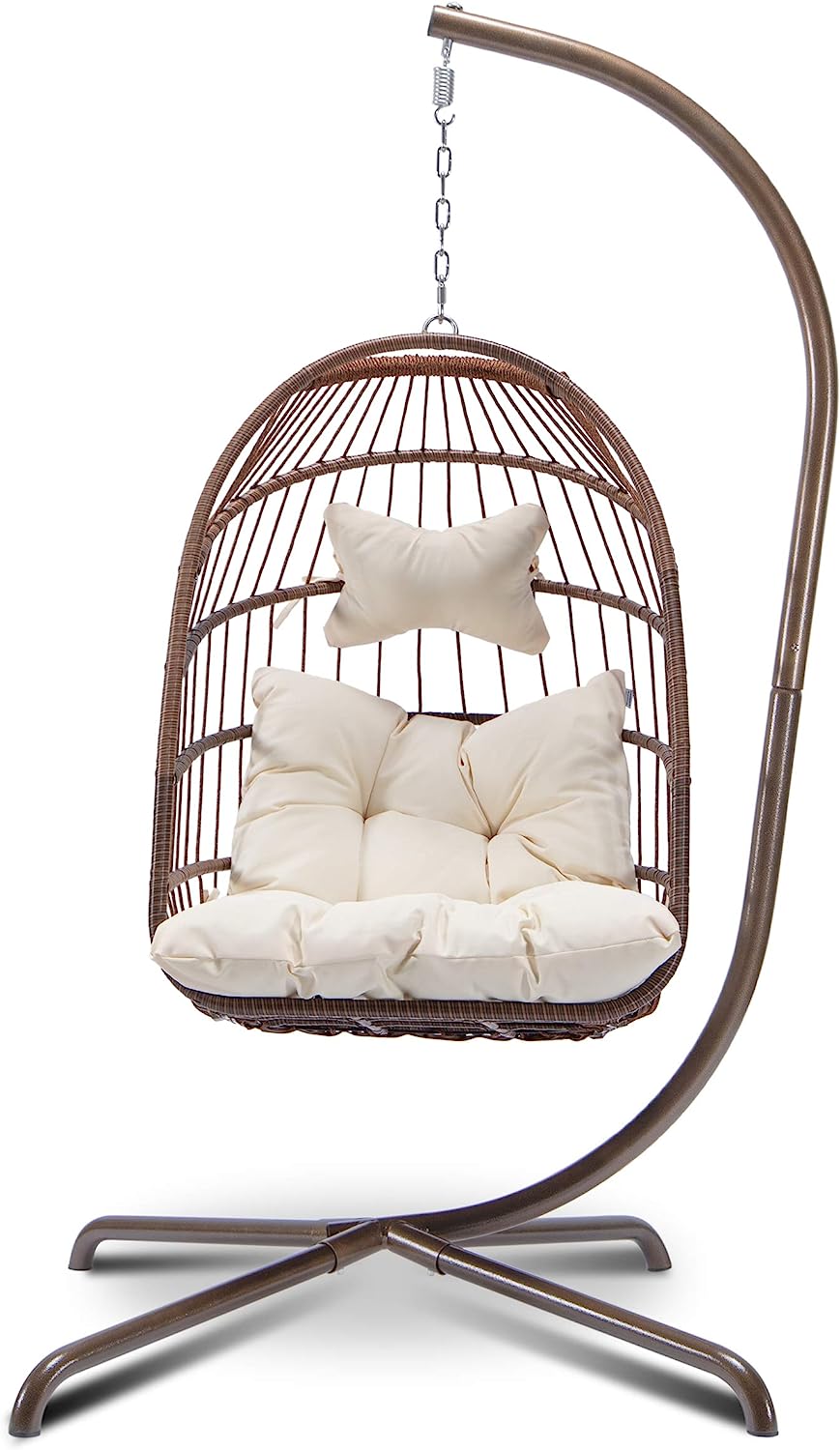 in Door Outdoor Patio Wicker Hanging Chair Swing Chair Patio Egg Chair UV Resistant Beige Cushion Aluminum Frame (Brown)