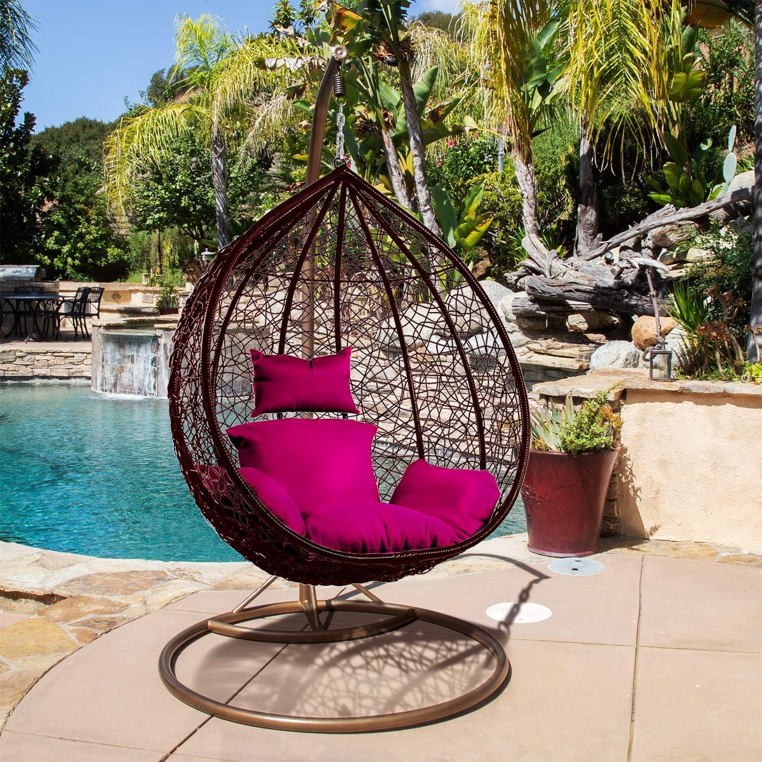 J.M.Deco Porch Swing Chair with Stand, Cushion & Pillow, Goldden Egg Rattan Wicker Swing Hanging Chair, Hammock Chair for Indoor, Outdoor, Garden, Backyard & Patio