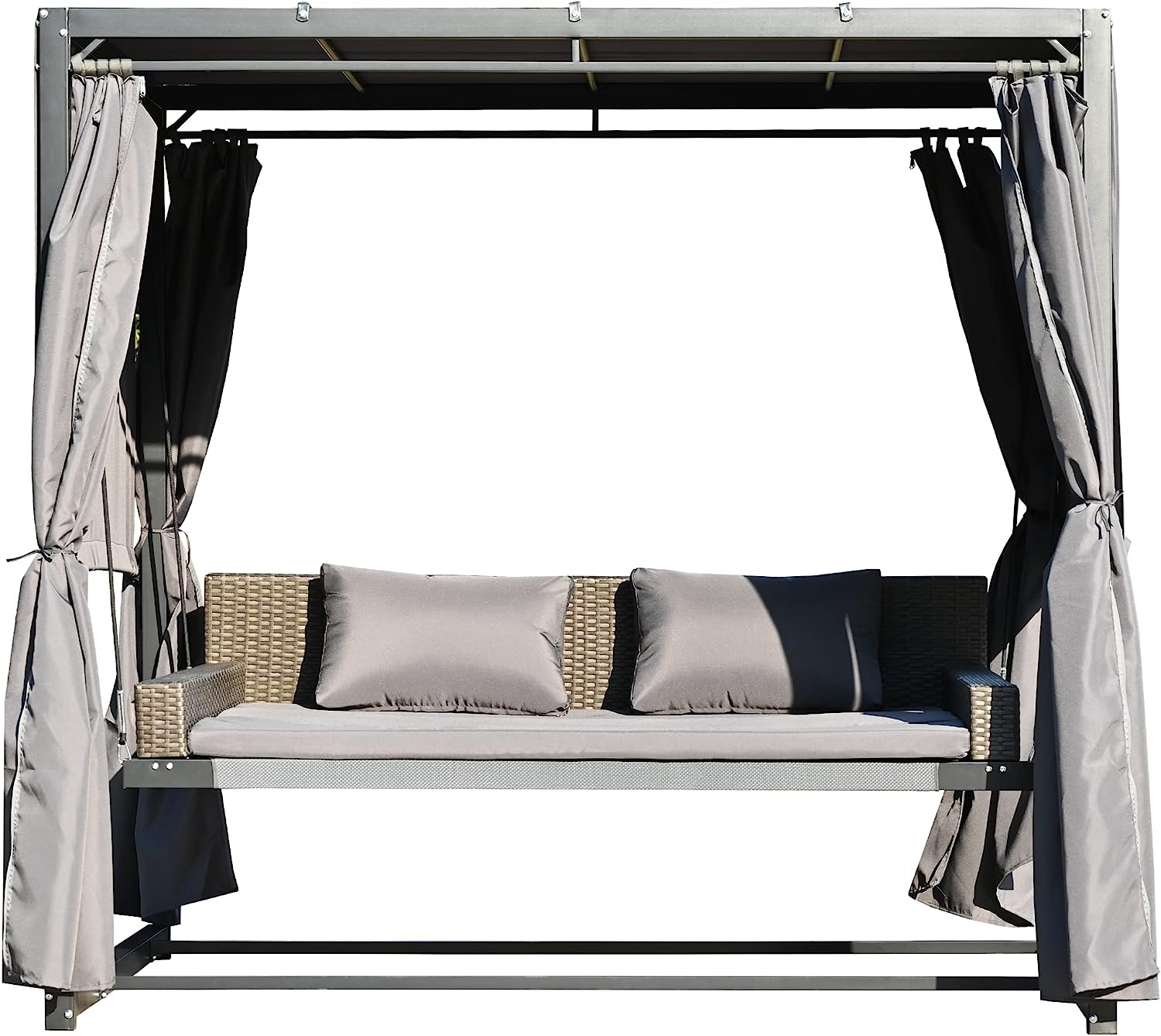 Patio 51.9” 2-Person Swing Chair,Outdoor Rattan Woven Hanging Seat with Adjustable Rope and Cushion,for Porch Lawn Garden Backyard Balconies (Black&b)