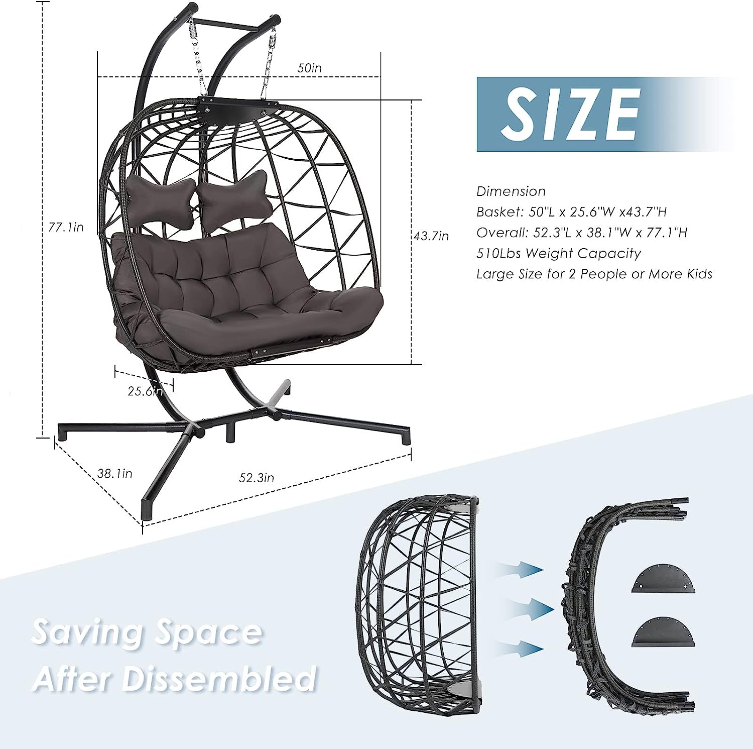 Swing Egg Chair with Stand Indoor Outdoor Wicker Rattan Patio Basket Hanging Chair with UV Resistant Cushions 350lbs Capaticy for Bedroom Balcony Patio (Cream)