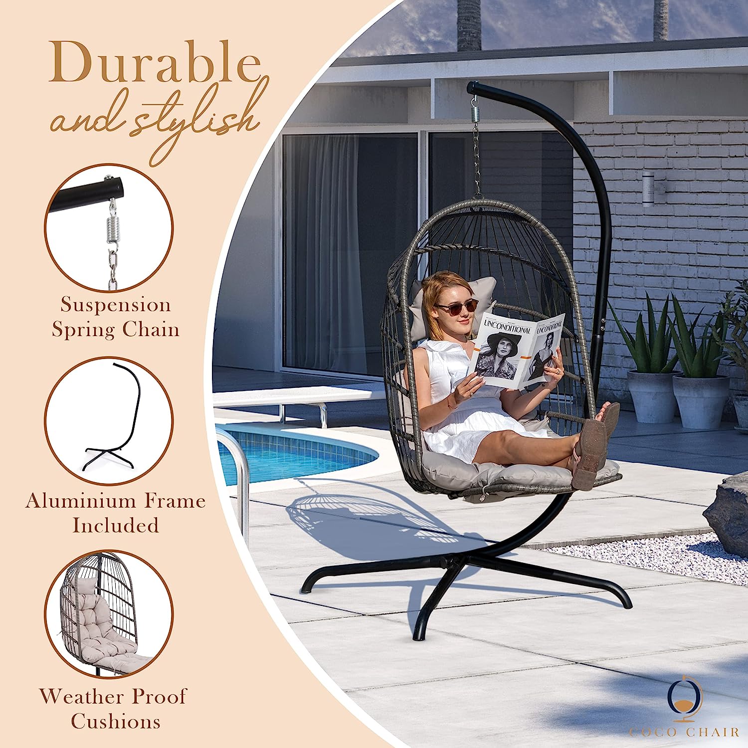 Coco Chair Hanging Egg Chair with Stand & Leg Rest | Gray Egg Chair Outdoor with Included Pillow | Swinging Chair for Outdoor and Indoor| Foldable Egg Chair | Perfect Swing Chair for Summer