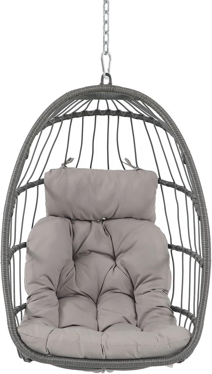 Patiorama Indoor Outdoor Egg Swing Chair with Stand, Patio Grey Wicker Rattan Hanging Chair with Rope Back, Cushion,Cover,All Weather Foldable Hammock Chair for Bedroom, Garden (Light Grey)