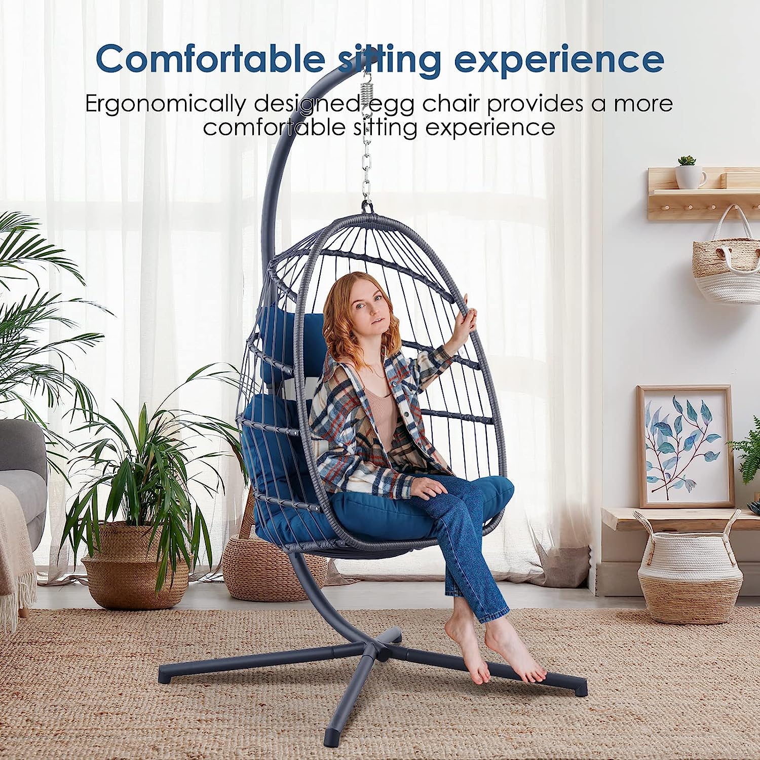 Egg Chair with Stand - Patio Rattan Wicker Hanging Swing Egg Chair Hammock Chair for Indoor Outdoor Bedroom Garden - Aluminum Steel Frame and UV Resistant Cushion 350LBS Capacity (Dark Grey)