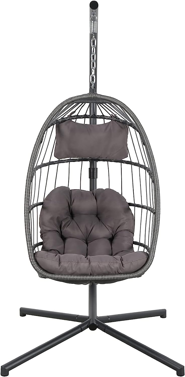 Patiorama Indoor Outdoor Egg Swing Chair with Stand, Patio Grey Wicker Rattan Hanging Chair with Rope Back, Cushion,Cover,All Weather Foldable Hammock Chair for Bedroom, Garden (Light Grey)