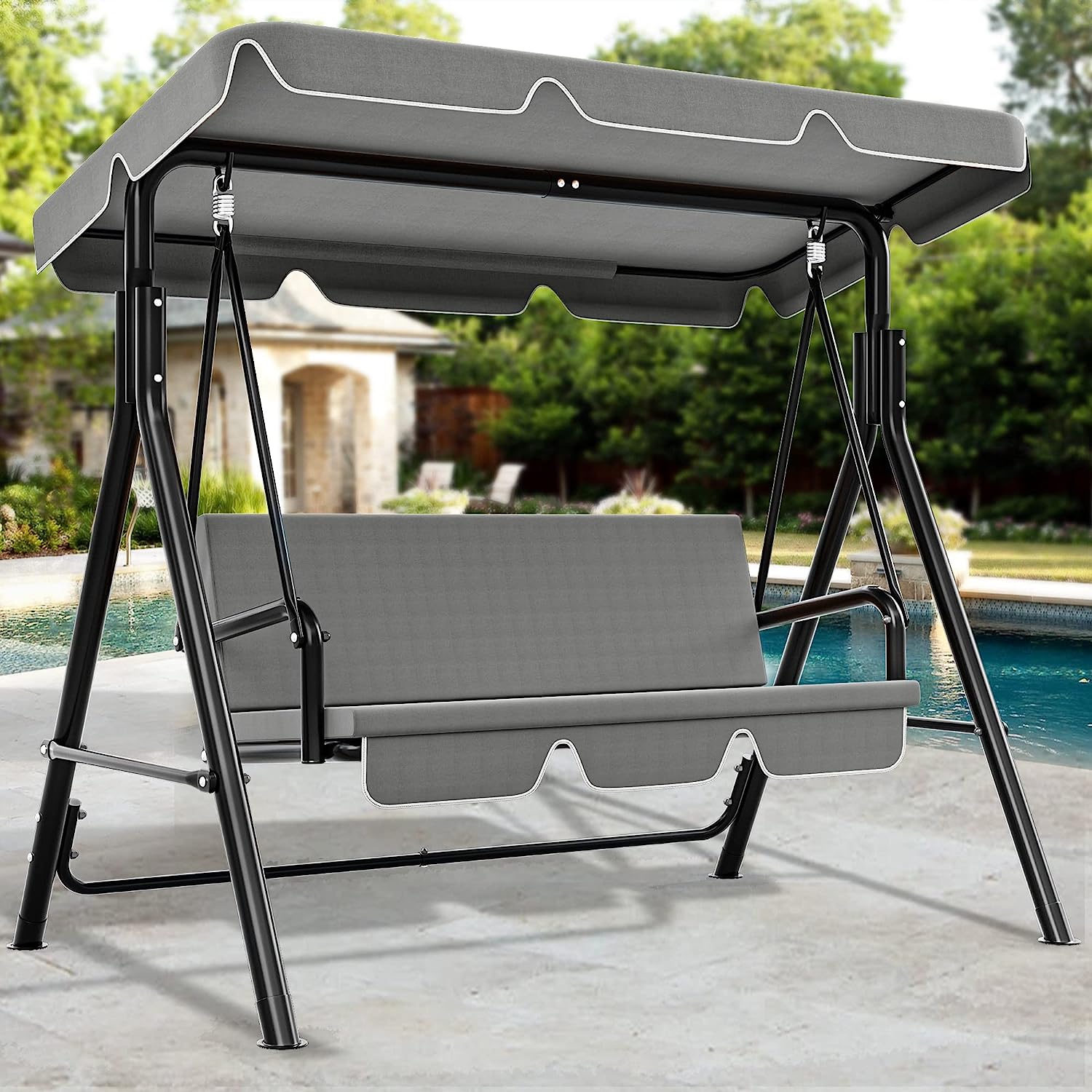 YITAHOME 3-Seat Porch Swing Outdoor Heavy Duty Patio Swing Chair with Stand Adjustable Canopy Soft Cushion for Garden, Patio, Lawn, Balcony and Deck, Black