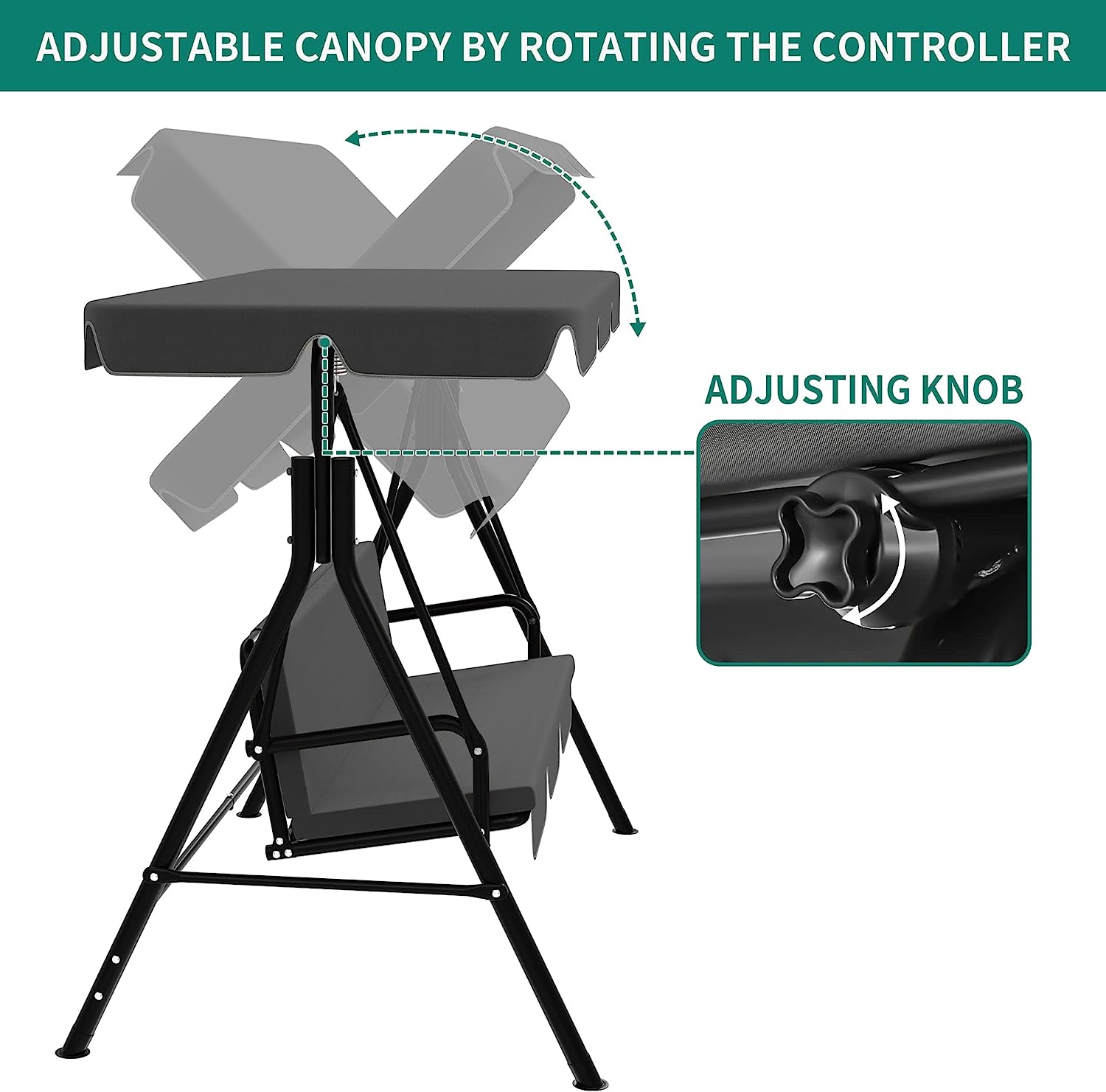 YITAHOME 3-Seat Porch Swing Outdoor Heavy Duty Patio Swing Chair with Stand Adjustable Canopy Soft Cushion for Garden, Patio, Lawn, Balcony and Deck, Black