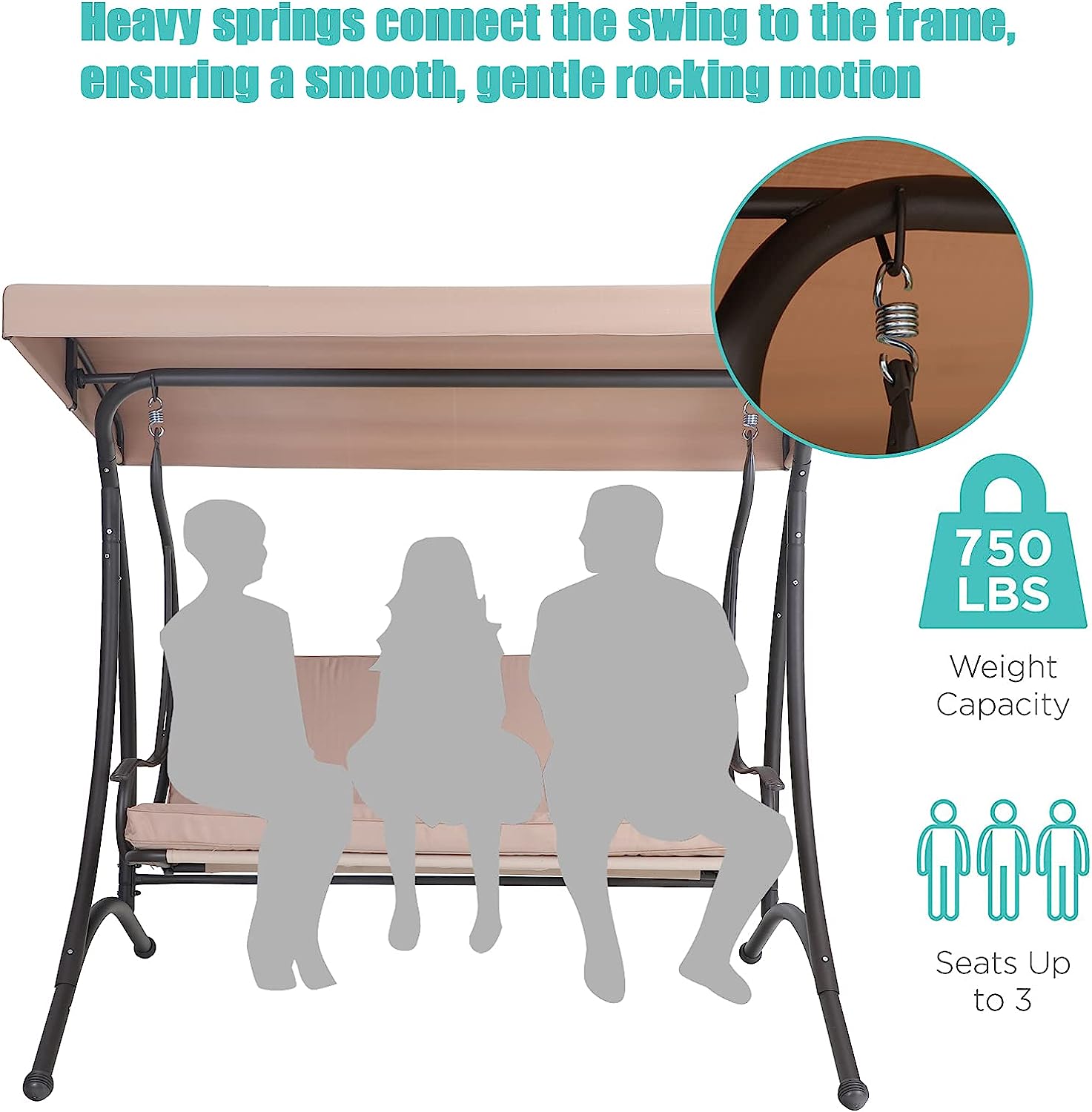 MFSTUDIO 3 Seat Patio Porch Swing, Outdoor Adjustable Canopy Swing Glider with Foldable Side Table and Removable Cushion for,Garden, Poolside, Balcony, Backyard (Beige) …