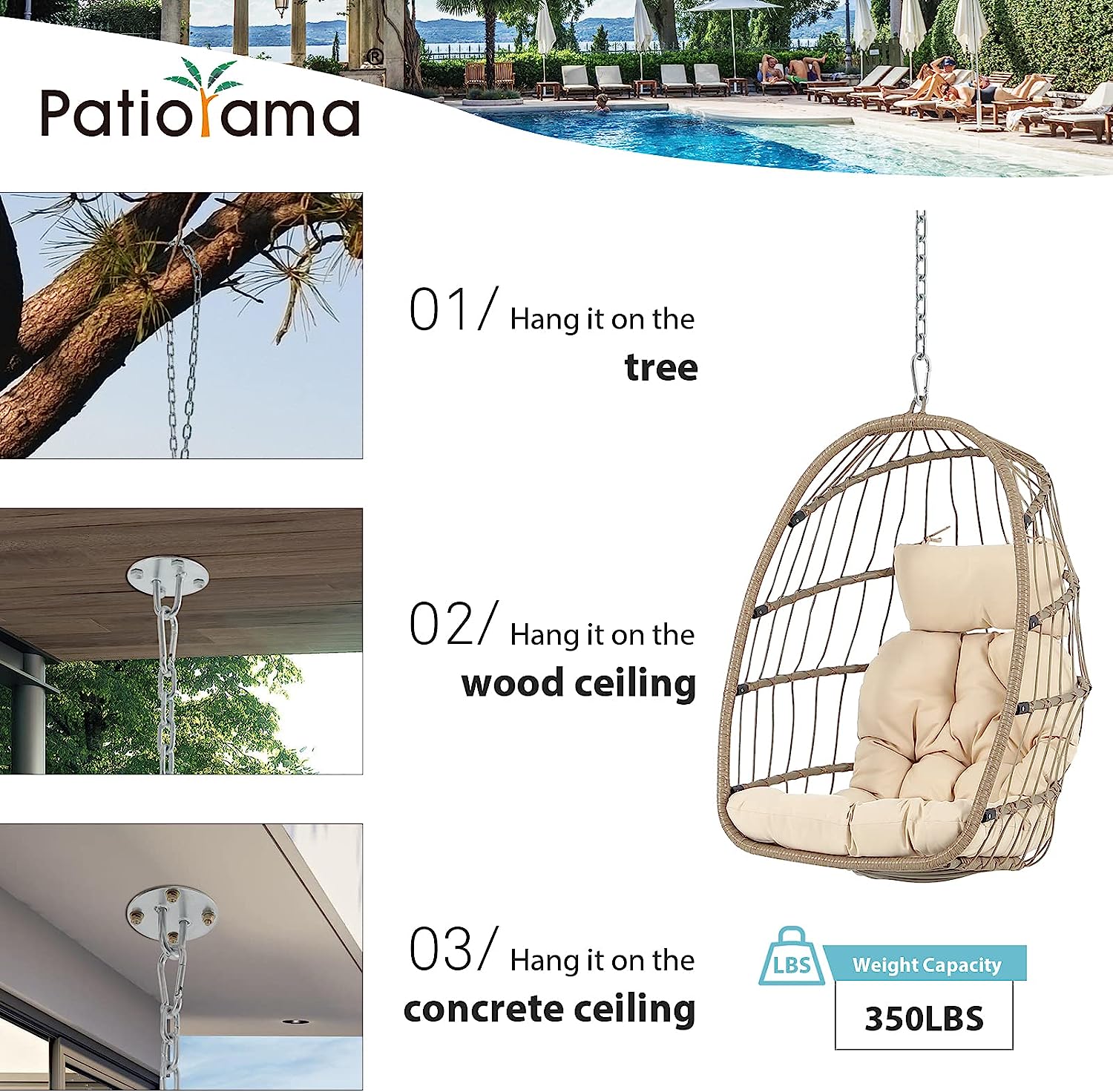 Patiorama Indoor Outdoor Egg Swing Chair with Stand, Patio Grey Wicker Rattan Hanging Chair with Rope Back, Cushion,Cover,All Weather Foldable Hammock Chair for Bedroom, Garden (Light Grey)