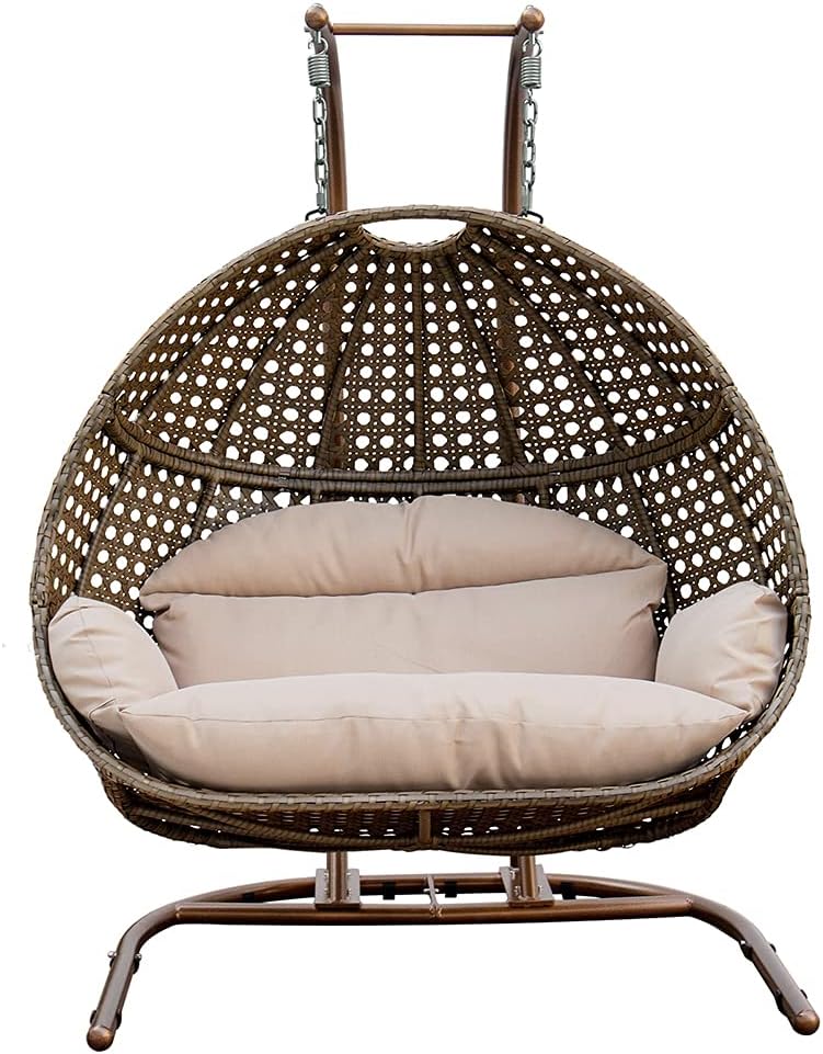 Hanging Egg Chair with Stand, 2 Person Heavy Duty Hanging Wicker Rattan Swing Chair Basket Hammock Nest Chair Seat for Indoor Outdoor Patio Lounger Swinging Loveseat (Beige)