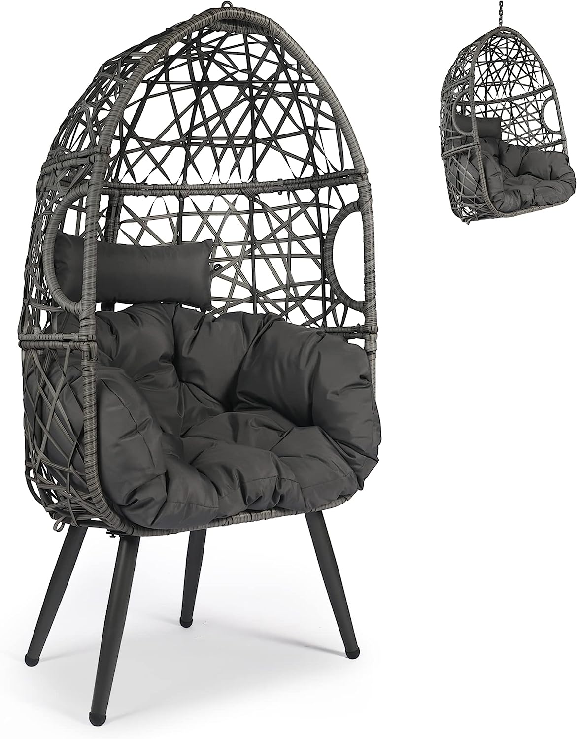 HOPUBUY Hammock Chair Egg Chair with Stand, Hanging Chair with Cushion and Pillow, Rattan Egg Swing Chair for Outdoor Indoor Bedroom, Porch, Balcony, Tree (C-Stand not Included)