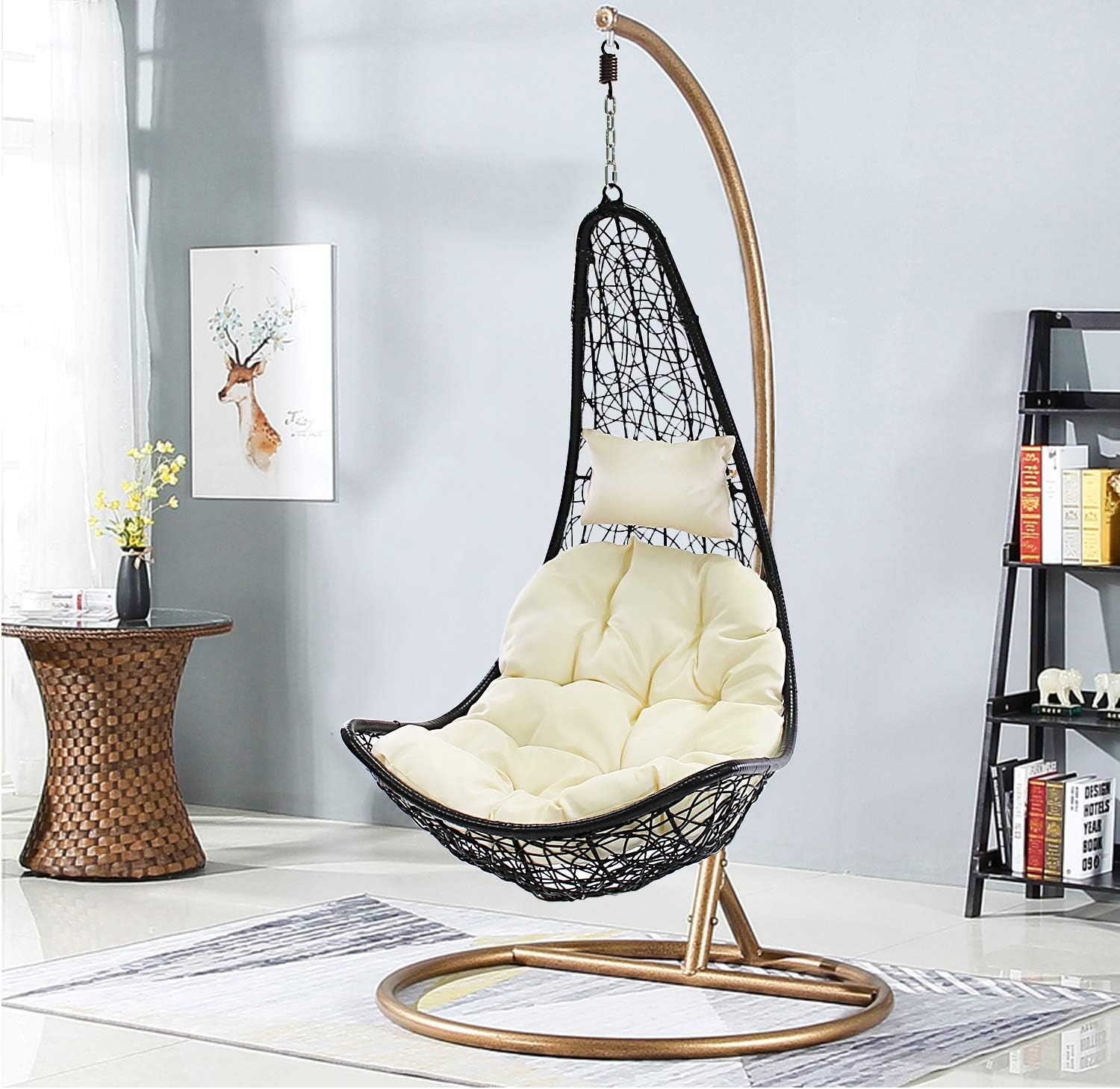 J.M.Deco Porch Swing Chair with Stand, Cushion & Pillow, Goldden Egg Rattan Wicker Swing Hanging Chair, Hammock Chair for Indoor, Outdoor, Garden, Backyard & Patio