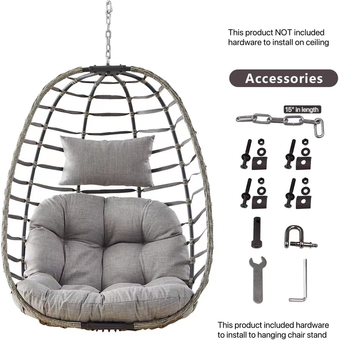 Rilyson Hanging Egg Chair Without Stand - Outdoor Egg Swing Chair with Resistant Cushion Wicker Rattan Swinging Egg Chair for Patio Garden Balcony(Grey/Blue)