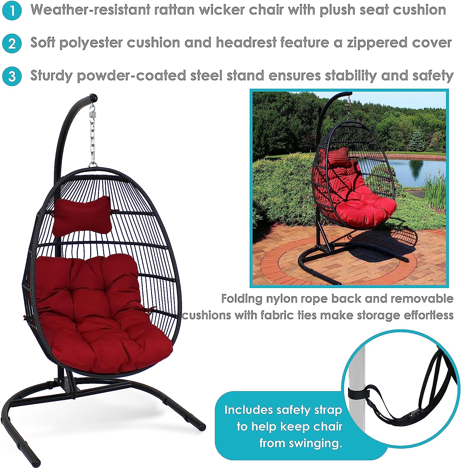 Sunnydaze Julia Hanging Egg Chair with Stand and Red Cushions - Comfy Collapsible Outdoor Egg Chair Swing with Stand - Black Polyethylene Wicker Rattan Frame with Steel Stand - 76 Inches Tall