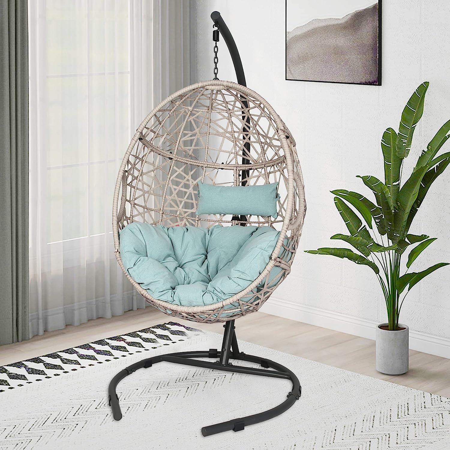 Iwicker Outdoor Rattan Egg Hanging Swing Chair with Cushions and Stand (Beige)