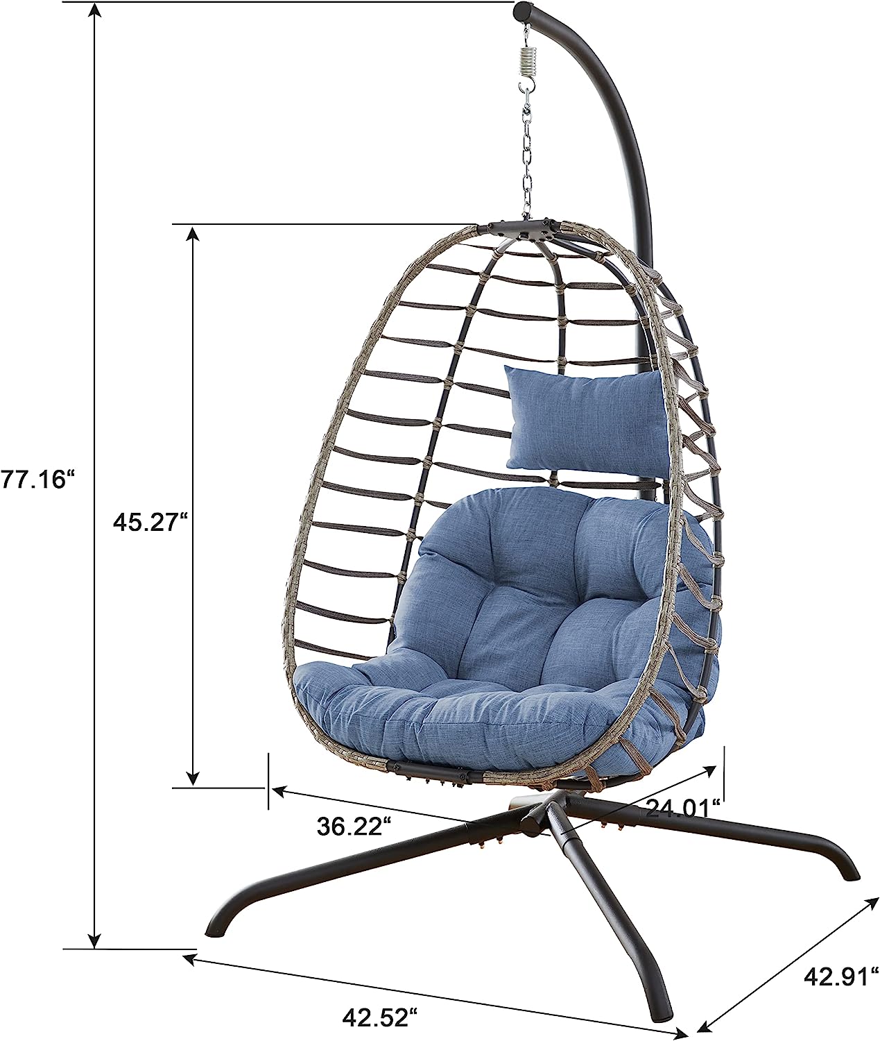 Rilyson Hanging Egg Chair Without Stand - Outdoor Egg Swing Chair with Resistant Cushion Wicker Rattan Swinging Egg Chair for Patio Garden Balcony(Grey/Blue)