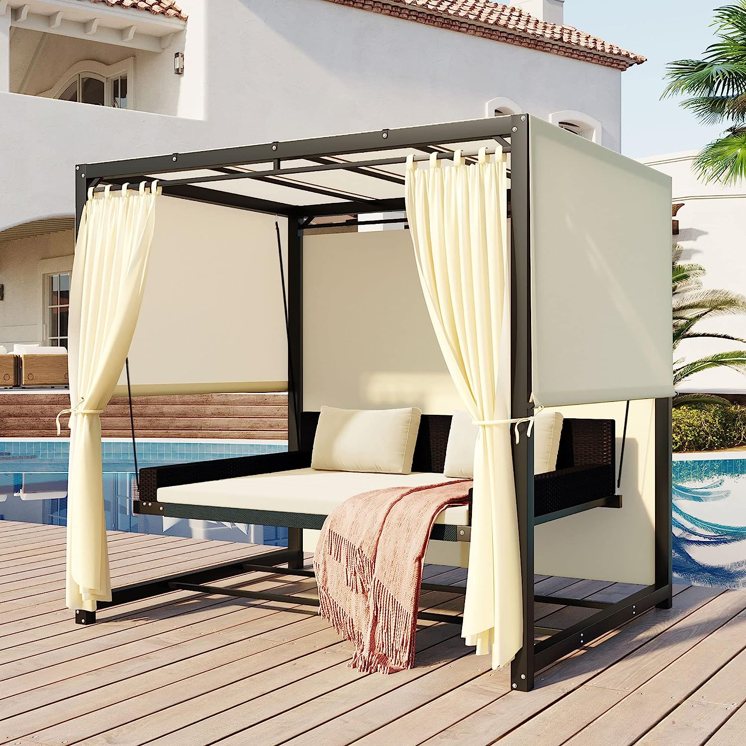 Patio 51.9” 2-Person Swing Chair,Outdoor Rattan Woven Hanging Seat with Adjustable Rope and Cushion,for Porch Lawn Garden Backyard Balconies (Black&b)