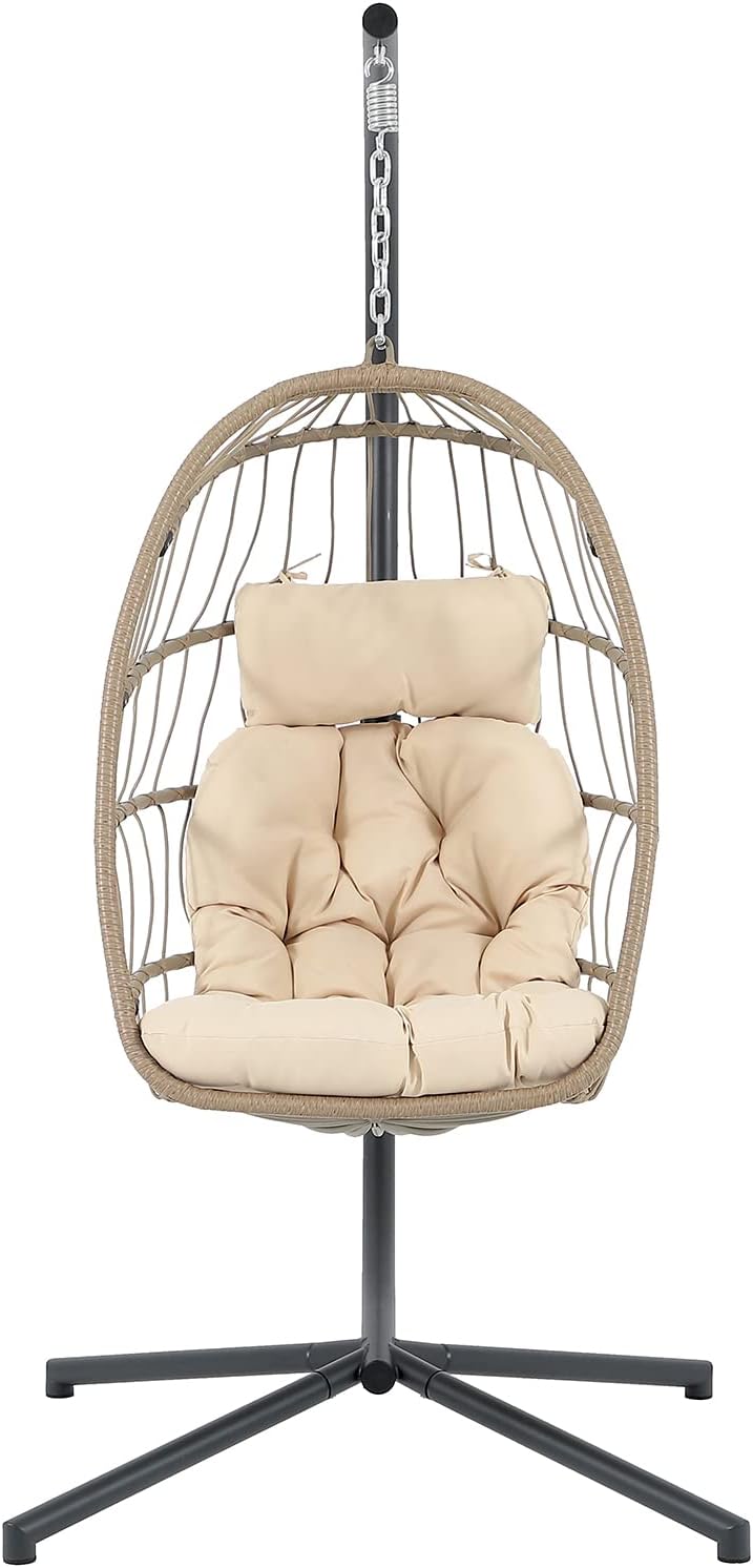 Patiorama Indoor Outdoor Egg Swing Chair with Stand, Patio Grey Wicker Rattan Hanging Chair with Rope Back, Cushion,Cover,All Weather Foldable Hammock Chair for Bedroom, Garden (Light Grey)