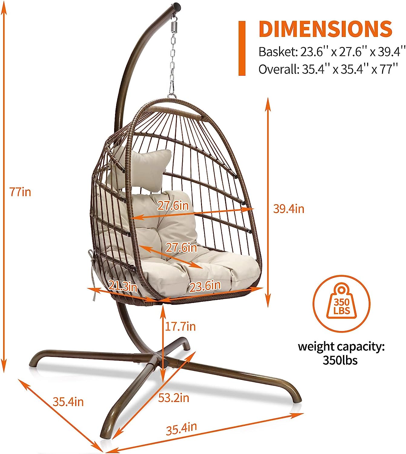 Indoor Outdoor Patio Wicker Hanging Chair Swing Egg Basket Chairs with Stand UV Resistant Cushions 350lbs Capaticy for Patio Backyard Balcony Xmas Gift