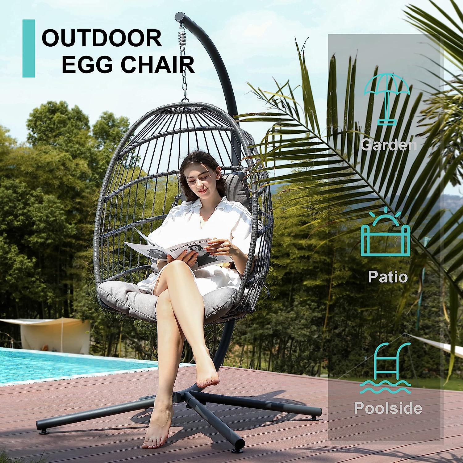 SWITTE Hanging Egg Chair with Stand, Egg Swing Hammock Chair with Stand, Indoor Outdoor Wicker Egg Chair with Cushion Headrest for Patio Bedroom Porch Garden, 350LBS Capacity(Dark Grey)