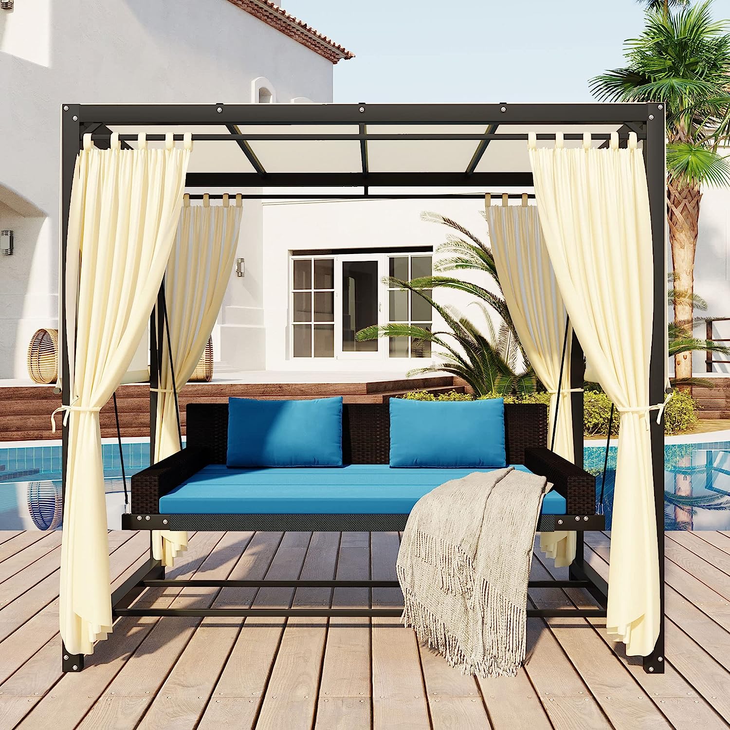 Patio 51.9” 2-Person Swing Chair,Outdoor Rattan Woven Hanging Seat with Adjustable Rope and Cushion,for Porch Lawn Garden Backyard Balconies (Black&b)