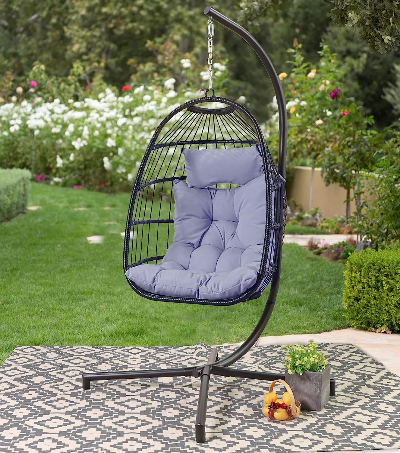 Avenlur Outdoor Patio Hanging Chair - Hammock Swing Egg Chair with Stand, Indoor/Outdoor Hanging Chair for Patio Bedroom Balcony (Black)