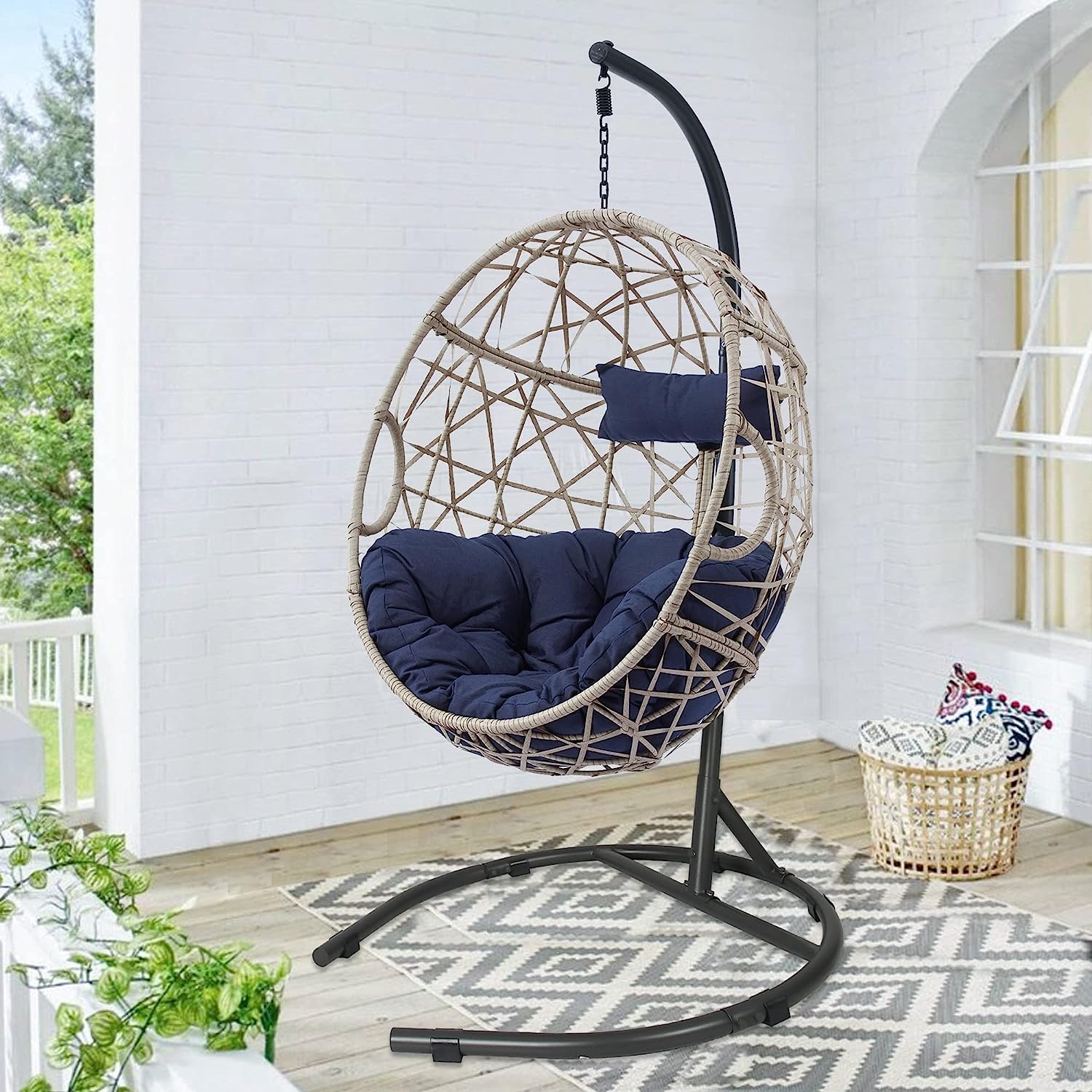 Ulax Furniture Egg Chair, Hanging Swing Chair with Stand, Hanging Lounge Chair, Outdoor Patio Wicker Tear Drop Hammock Chair with Cushion (Navy)