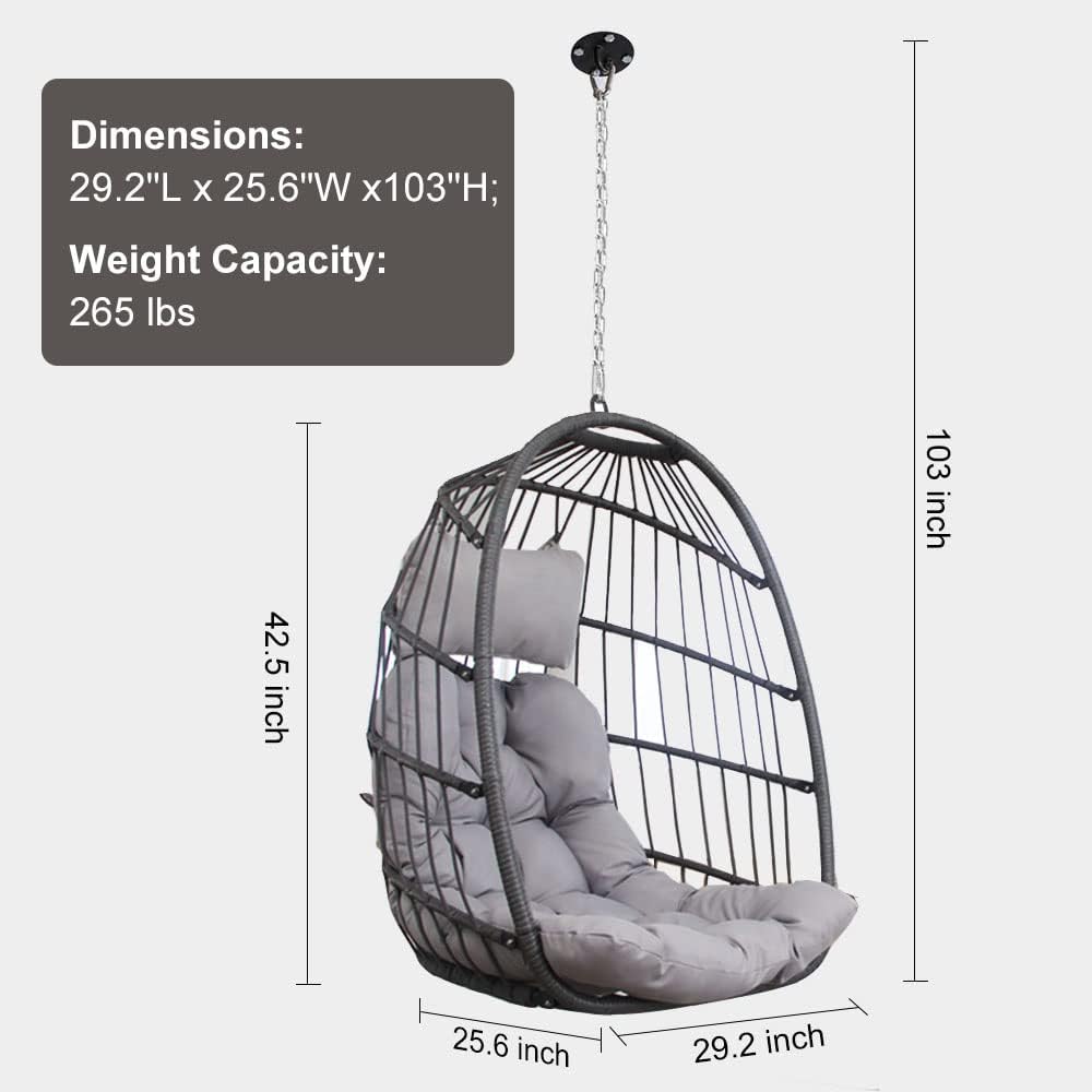 Indoor Outdoor Patio Wicker Hanging Chair Swing Egg Basket Chairs with Stand UV Resistant Cushions 350lbs Capaticy for Patio Backyard Balcony Xmas Gift