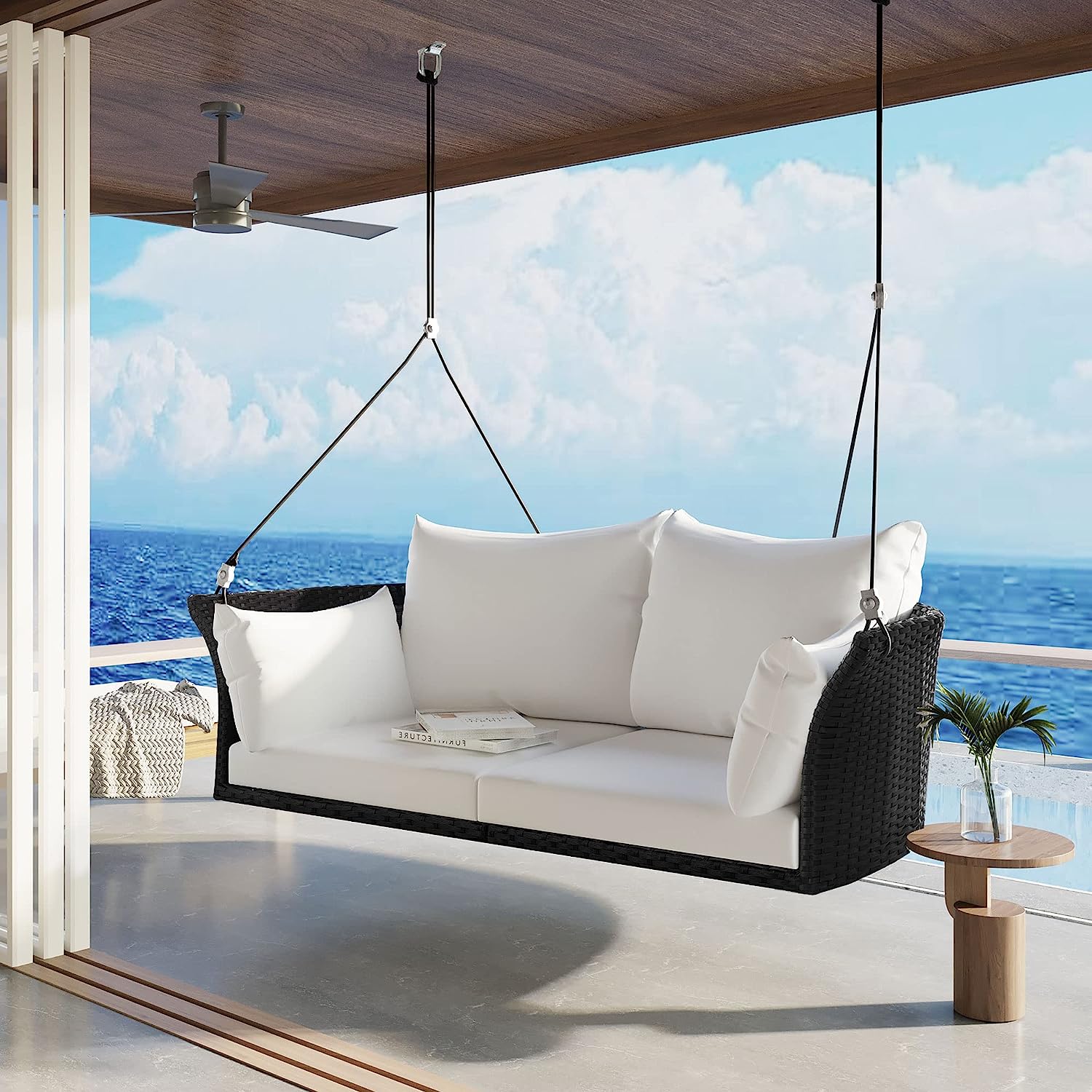 Patio 51.9” 2-Person Swing Chair,Outdoor Rattan Woven Hanging Seat with Adjustable Rope and Cushion,for Porch Lawn Garden Backyard Balconies (Black&b)