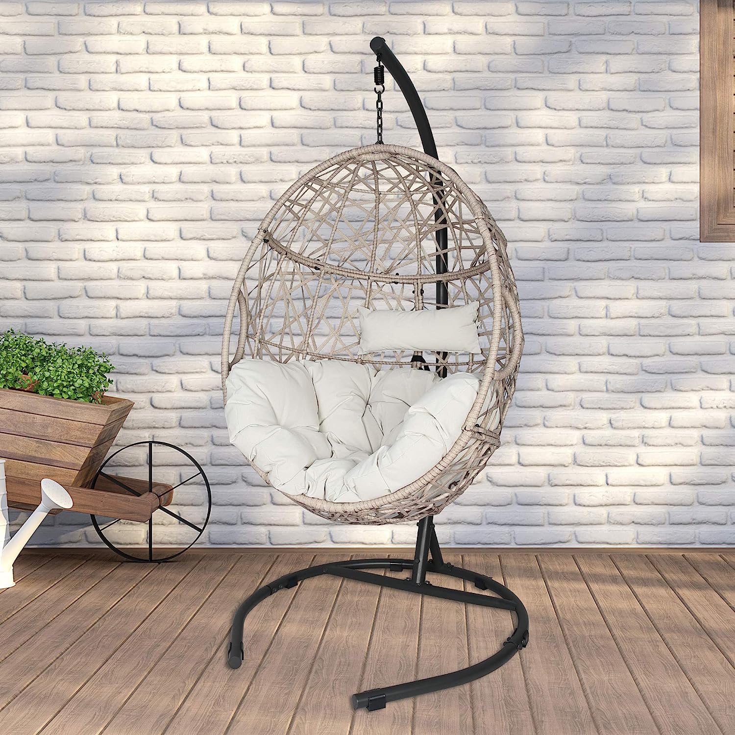 Iwicker Outdoor Rattan Egg Hanging Swing Chair with Cushions and Stand (Beige)