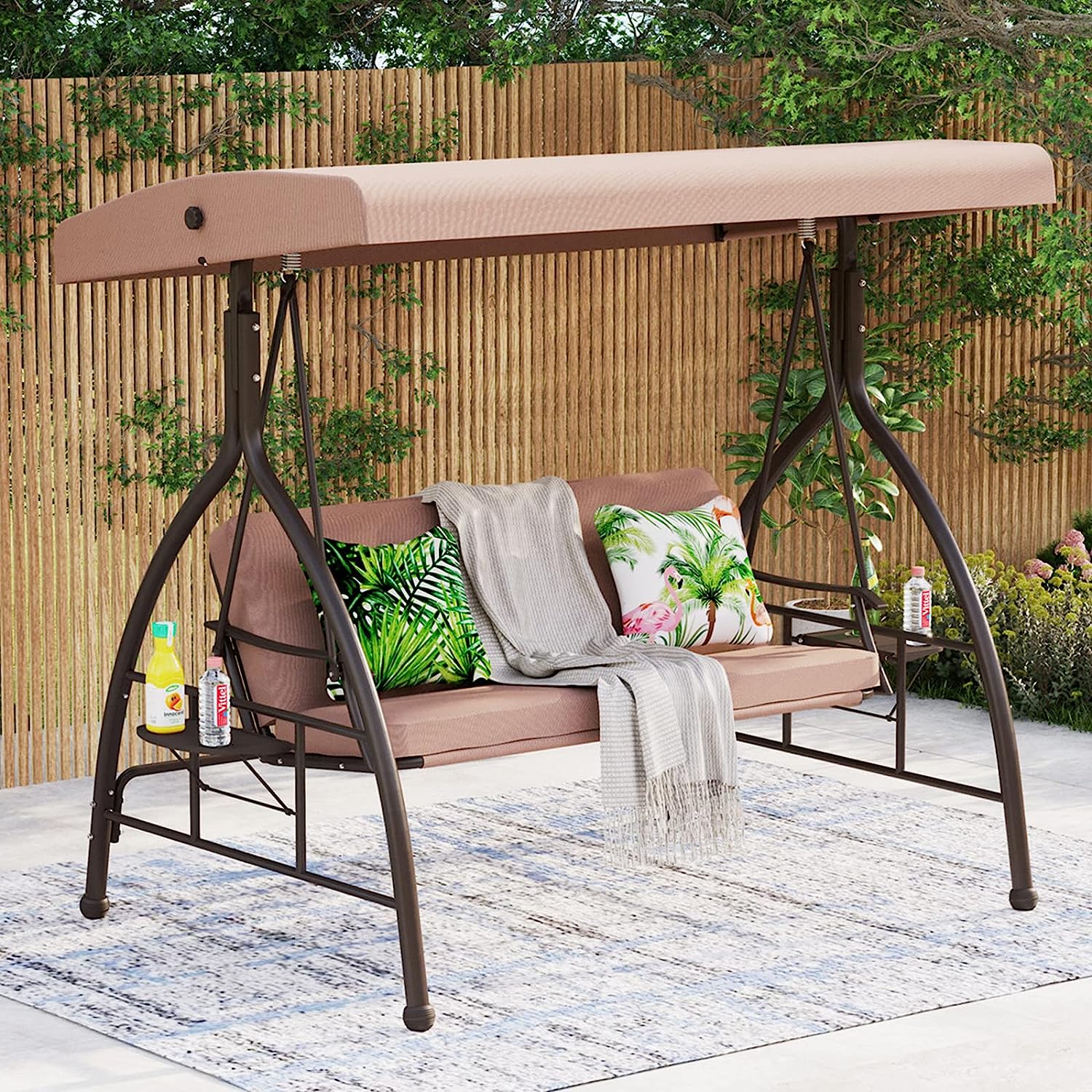 MFSTUDIO 3 Seat Patio Porch Swing, Outdoor Adjustable Canopy Swing Glider with Foldable Side Table and Removable Cushion for,Garden, Poolside, Balcony, Backyard (Beige) …