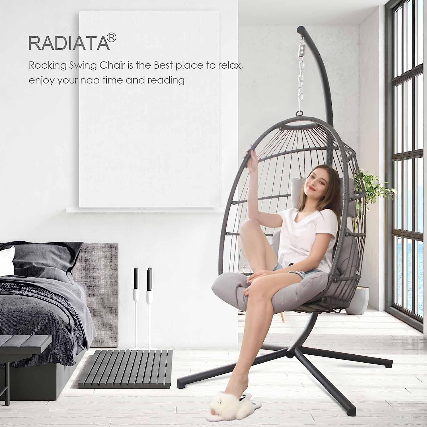 RADIATA Double Egg Chair with Stand Luxury Outdoor Patio Wicker Loveseat Hanging Swing Egg Chairs with Resistant Cushions Metal Frame 500 lbs Capaticy for 2 Persons Patio Backyard Balcony