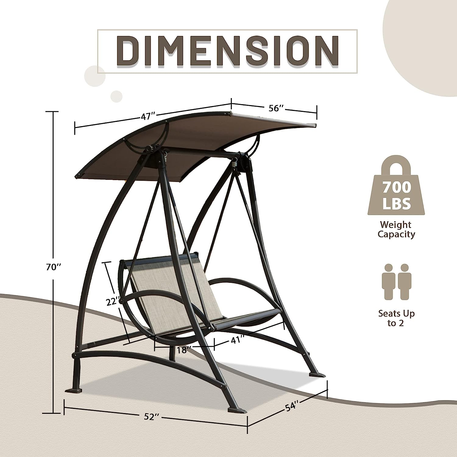 Domi 3-Seat Patio Swing Chair, Outdoor Porch Swing with Adjustable Canopy and Durable Steel Frame, Patio Swing Glider for Garden, Deck, Porch, Backyard