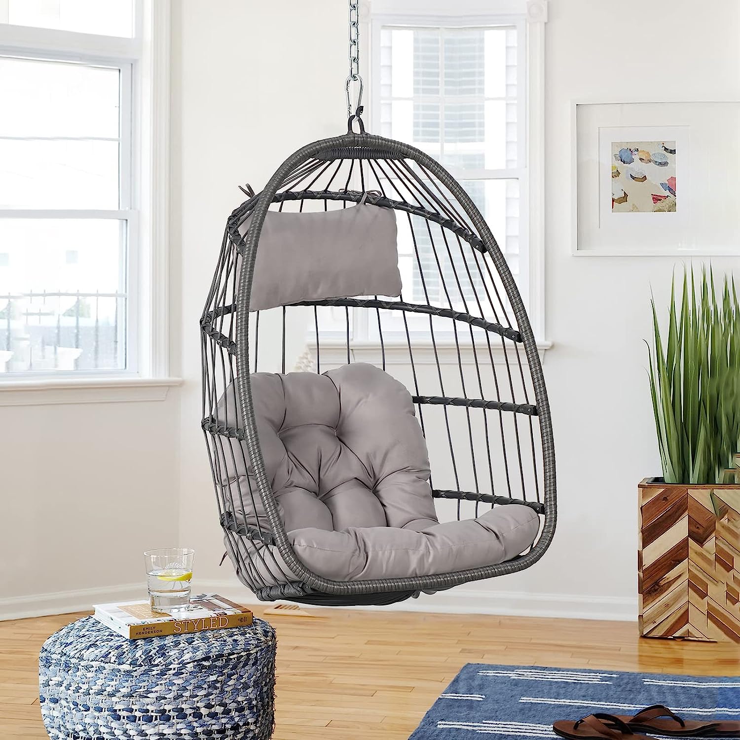 Patiorama Indoor Outdoor Egg Swing Chair with Stand, Patio Grey Wicker Rattan Hanging Chair with Rope Back, Cushion,Cover,All Weather Foldable Hammock Chair for Bedroom, Garden (Light Grey)