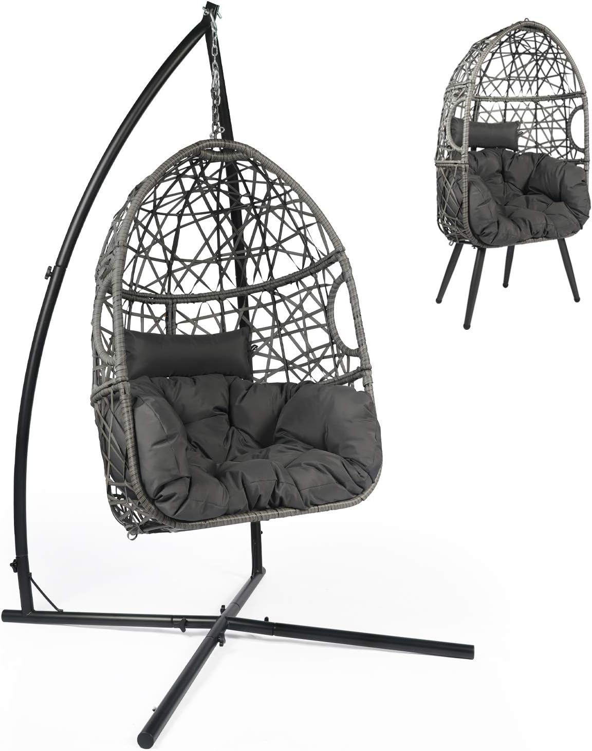 LAZZO Swing Egg Chair, Rattan Hanging Chair, Indoor & Outdoor Hammock Chair with Seat Cushion & Pillow for Patio Porch Lounge Bedroom