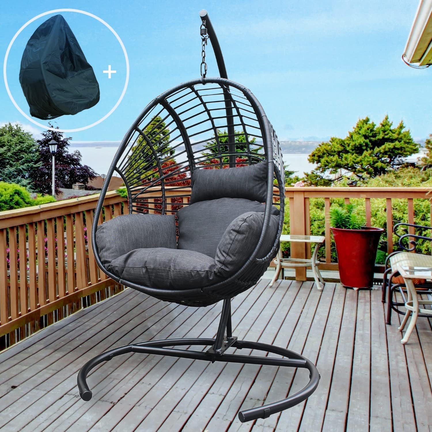 JOYBASE Hanging Egg Chair with Stand, Outdoor Wicker Rattan Egg Swing Chair with Stand and Cushion for Indoor Outdoor Bedroom Patio Garden (Grey/Black)