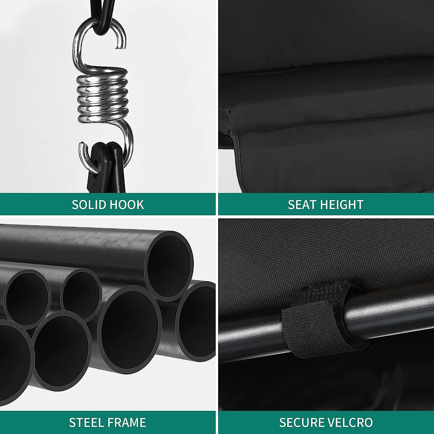 YITAHOME 3-Seat Porch Swing Outdoor Heavy Duty Patio Swing Chair with Stand Adjustable Canopy Soft Cushion for Garden, Patio, Lawn, Balcony and Deck, Black